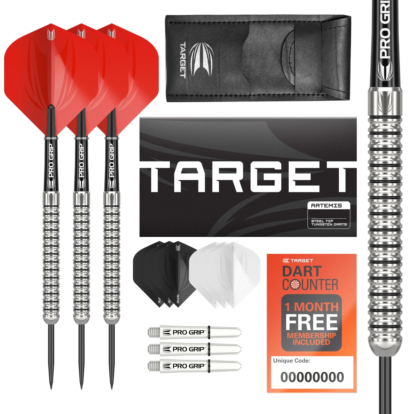 TARGET Darts Artemis 21G/22G/23G/24G/25G/26G 80% Tungsten Steel Tip Darts Set | 6 Pro Grip Shafts | 9 Pro Ultra Flights | Dart Wallet Bundle