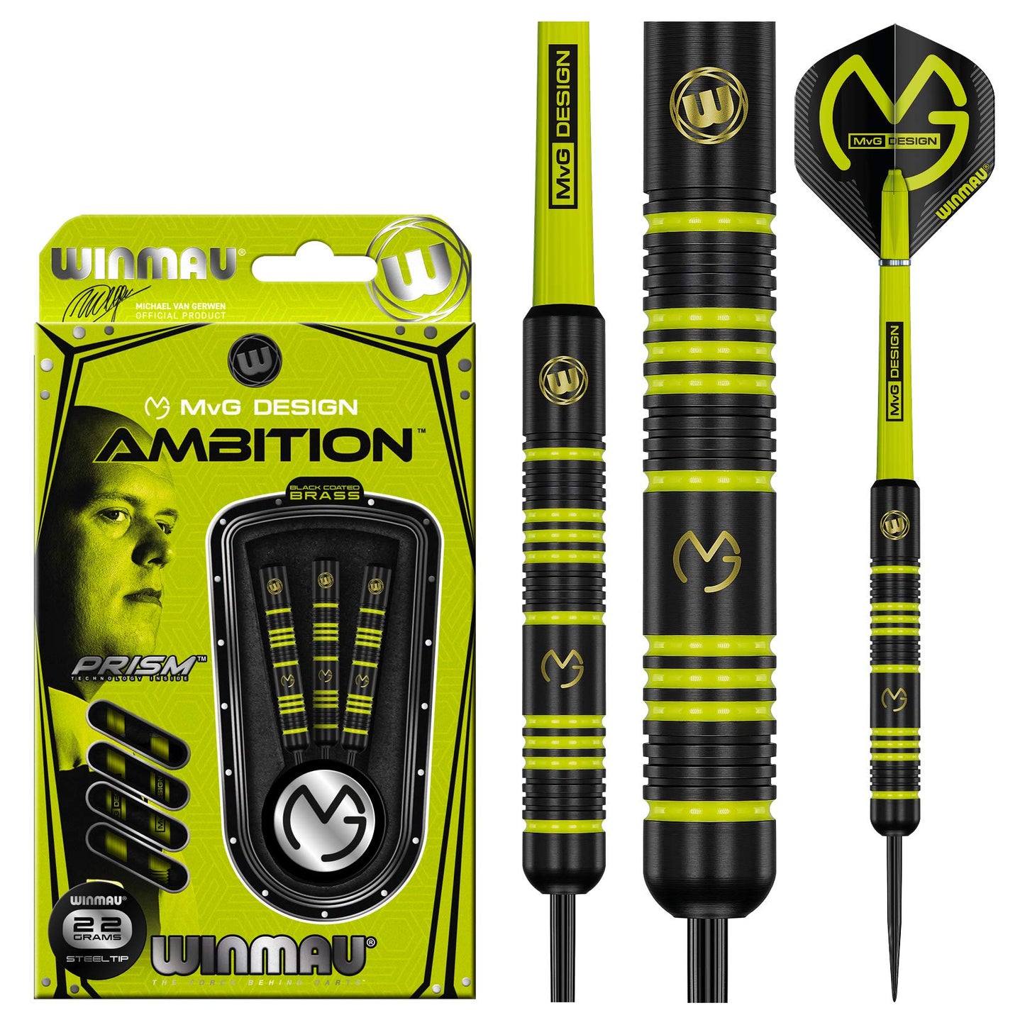 WINMAU Michael Van Gerwen MvG Ambition Professional Brass Darts Set with Flights and Shafts Available in Steeltip and Softip