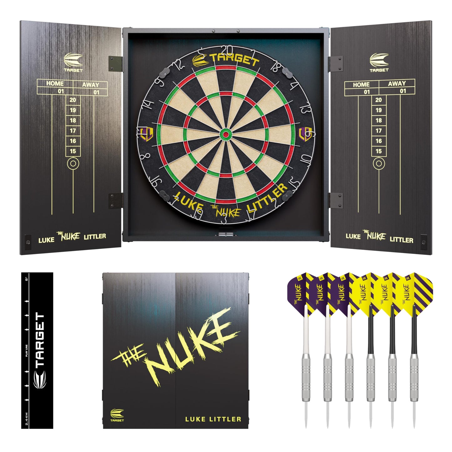 Target Darts Player Dartboard and Cabinet Set | Luke Littler/Dimitri Van den Bergh/Gabriel Clemens | Dart Board Cupboard with 2 Sets of Steel Tip Darts, Score Charts, Competition Standard Throw Line