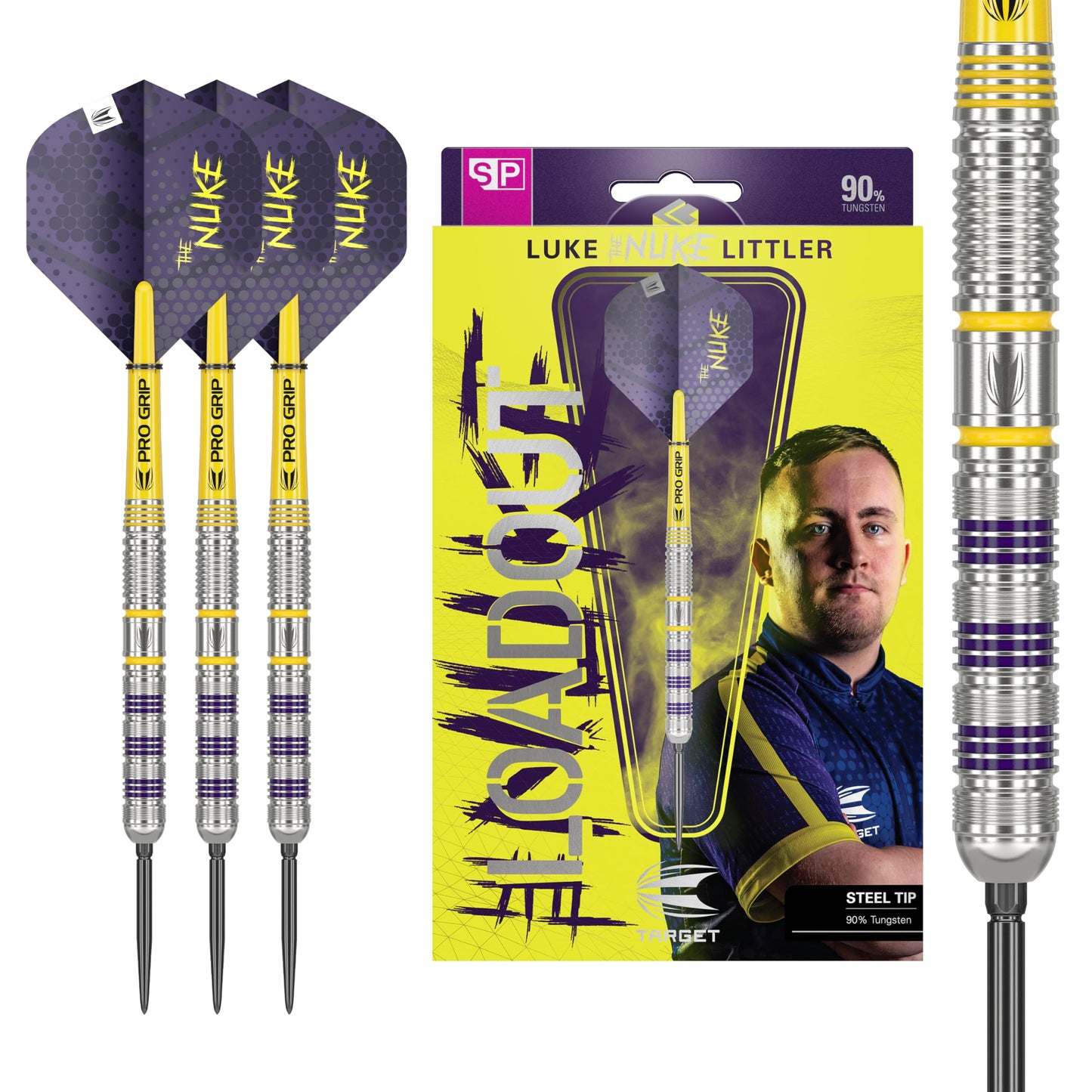 TARGET Darts Luke Littler Loadout 90% Tungsten Steel Tip Darts Set – Steel Tip Dart, The Nuke Player Edition Dart Set, Swiss Point Darts, SP Tool Included