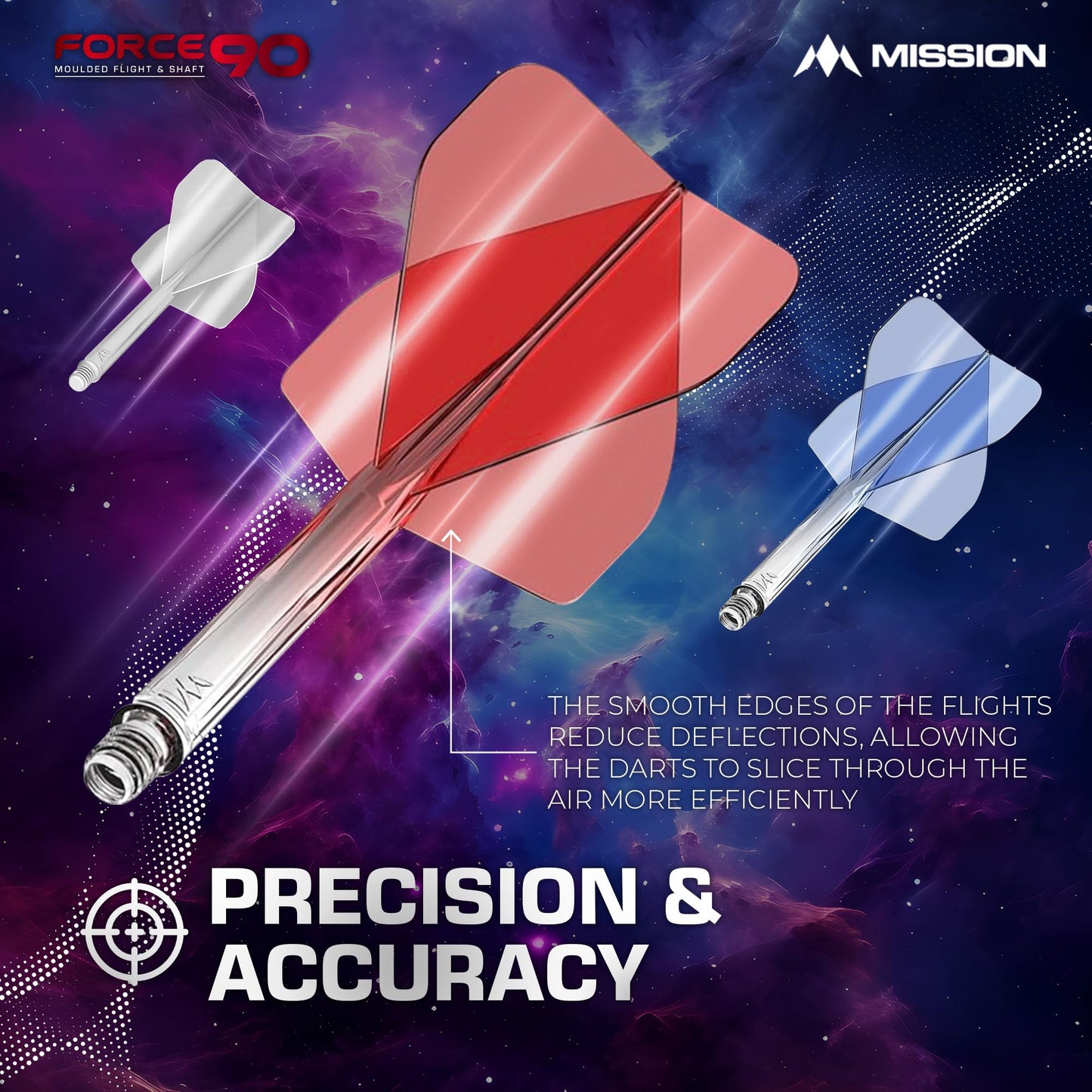 Mission Darts Force 90 | Integrated Precision Moulded Dart Flight And Shaft System, Pack of 3 Professional Durable 2-In-1 Combined Dart Flights And Stems | Standard No.2