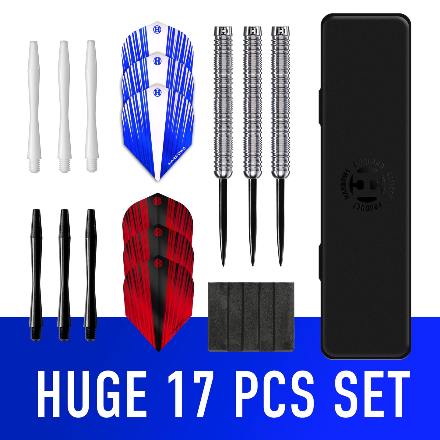 Harrows Caliber 90% Silver Tungsten Steel Tip Darts Set I 21g to 30g All Weights Available I Huge 16pcs Bundle with Spare Shafts, Prime Flights & Travel Case