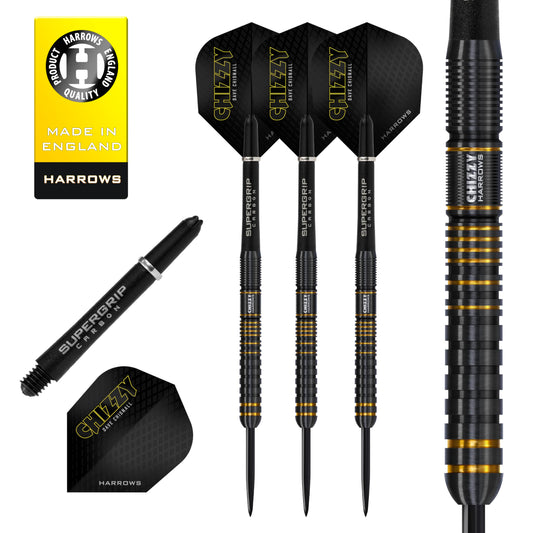 Harrows Dave Chisnall Chizzy Series 3 Player Darts Set I Professional Darts 90% Tungsten Steel ALL Weights Pro DartsI10pc Set with Supergrip Carbon Midi Shafts & Signature Flights