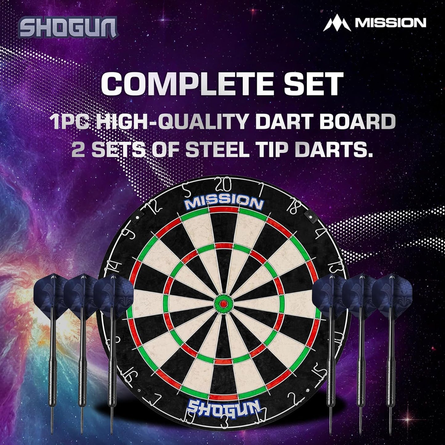 Mission Darts Shogun Dart Board Set | Endurance Round Wire Sisal Dartboard Set Including 2 sets of Steel Tip Darts