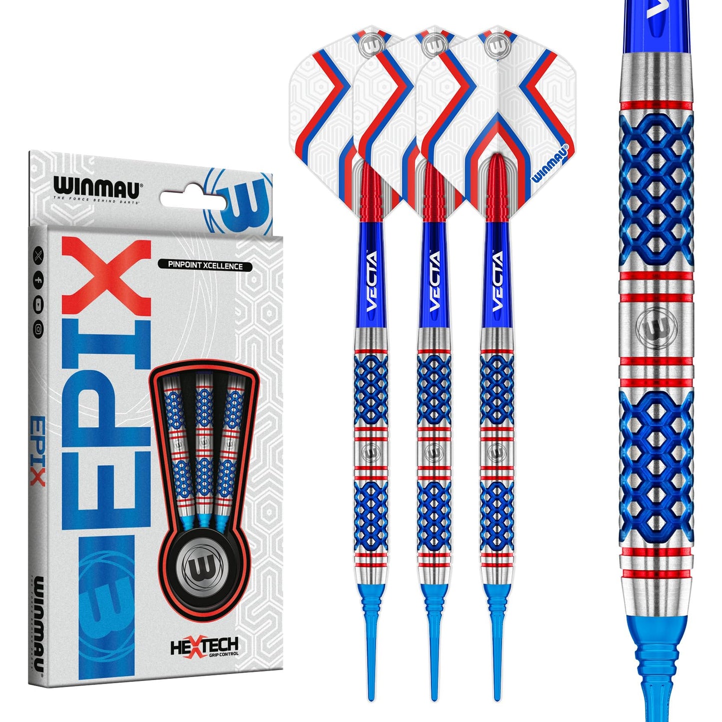 WINMAU Darts Epix Series 90% Professional Tungsten Darts Set with Dart Flights and Dart Shafts (Stems) - Available weights 18g Soft Tip 22g and 24g Steel Tip