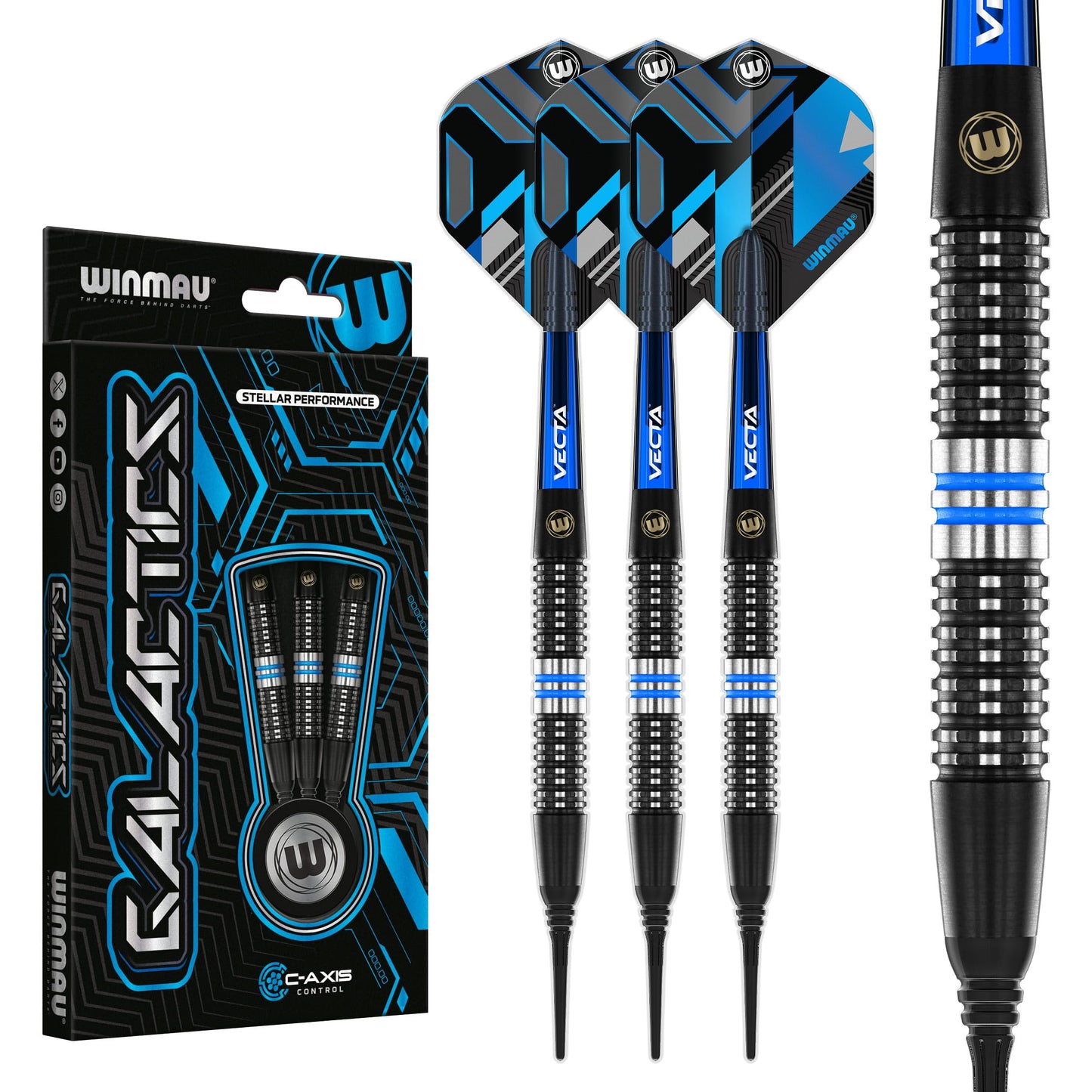 WINMAU Darts Galactics 90% Professional Tungsten Darts Set with Dart Flights and Dart Shafts (Stems) - Available weights 18g Soft Tip 24g and 26g Steel Tip