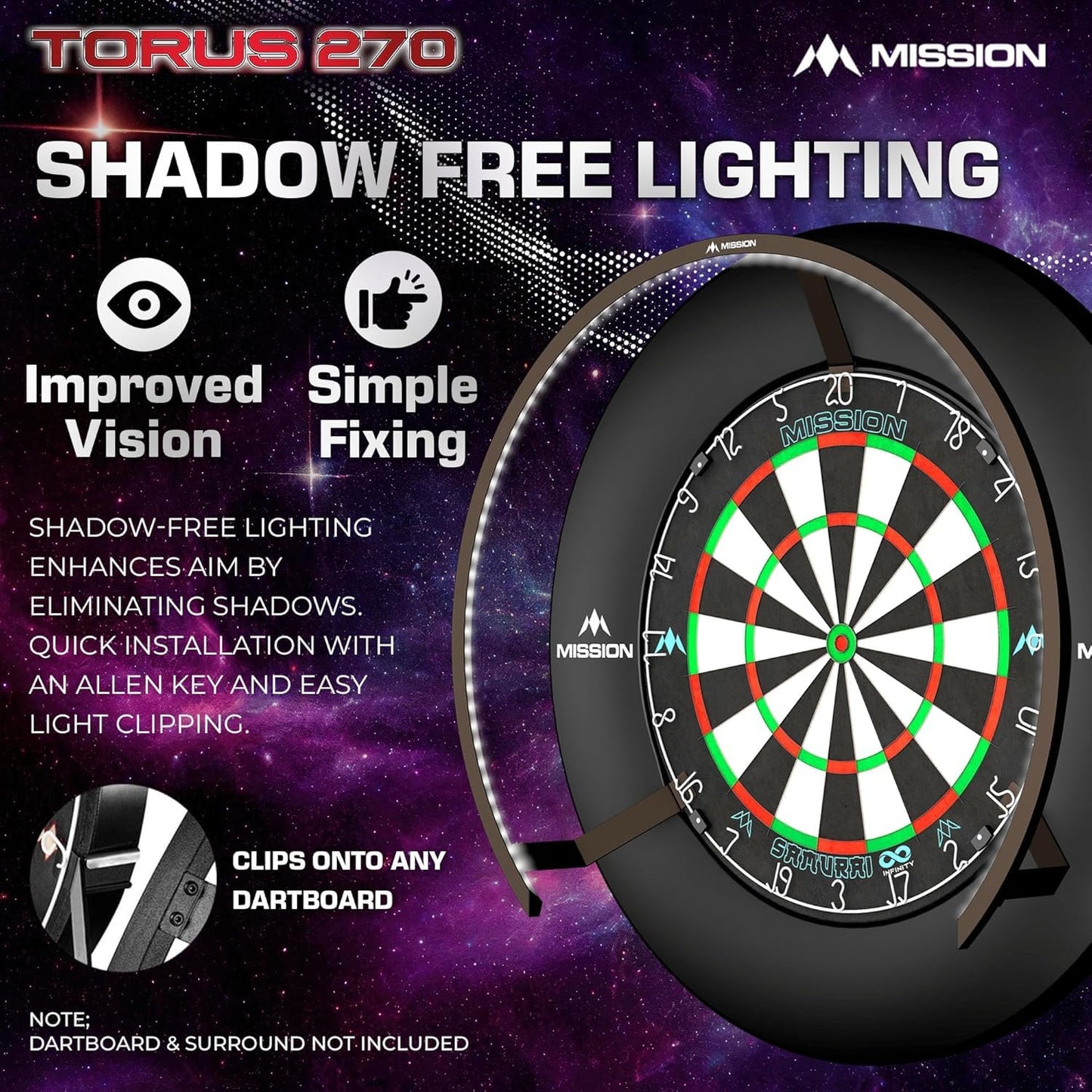 Mission Darts Torus 270 | Dart Board LED Lighting System with Easy Access to Dartboard Area for Unrestricted Play, Sand Blasted Black, Red, Blue, Green, Purple, Bronze and Silver Colours