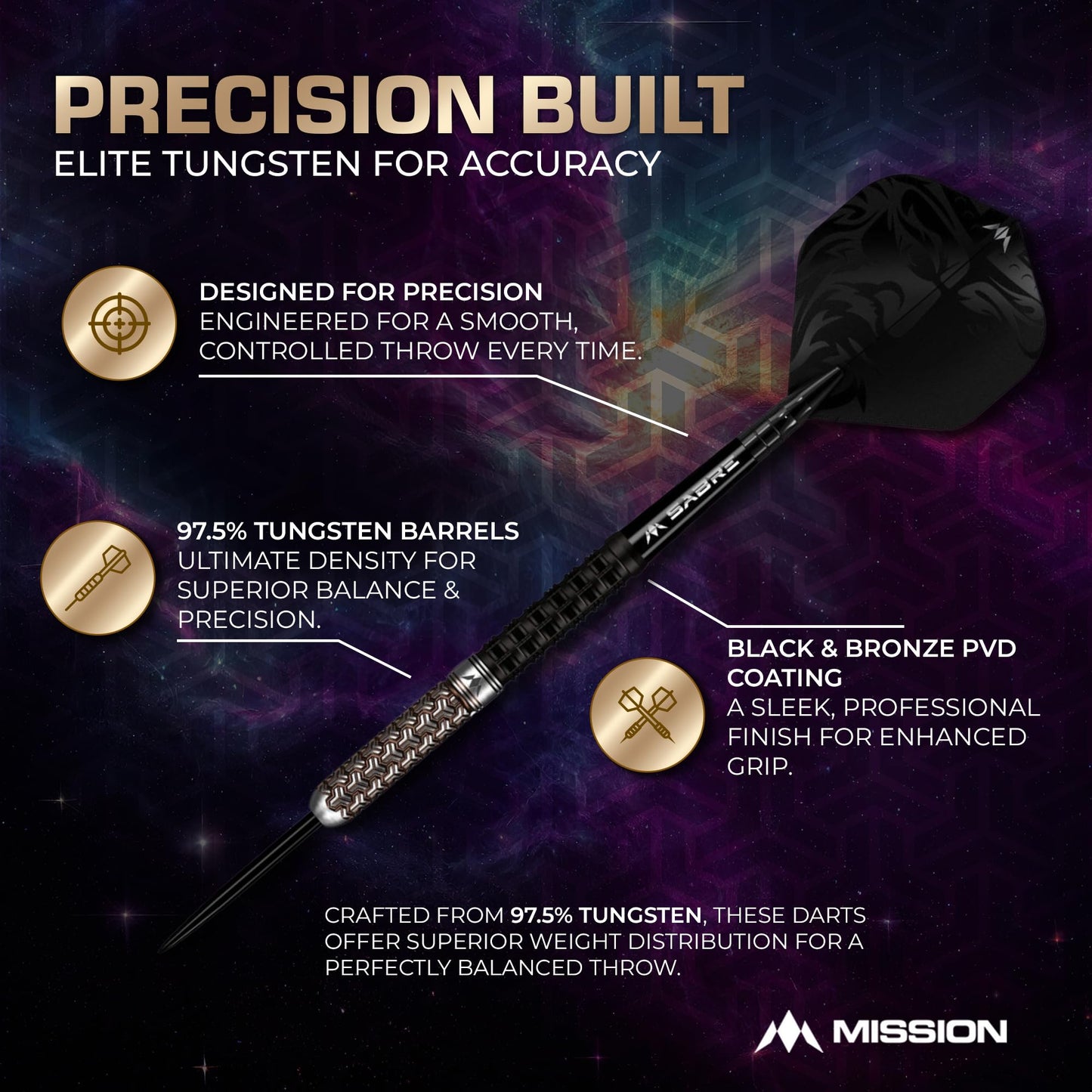 Mission Darts Archon 97.5% Tungsten Barrel Steel Tip Premium Dart Set, Black and Bronze, Shafts and Flights, Multiple Weights