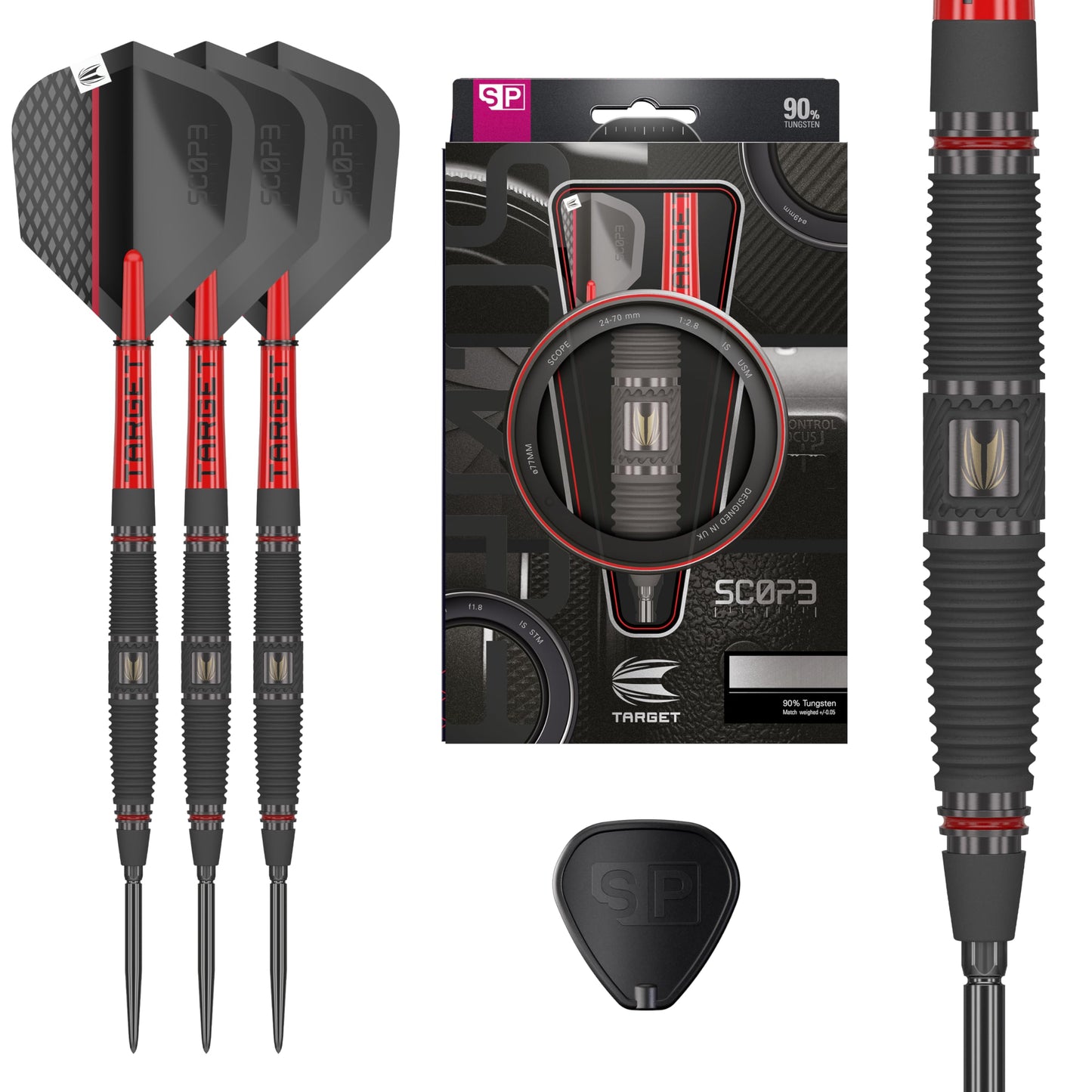 TARGET Darts Scope Steel Tip Swiss Point Darts, 90% Tungsten Dart Set | Steel Tip Dart, Red & Black Darts, Professional Dart Set with Swiss Points & Tool | Barrel 01/02/03/04 –21G/22G/23G/24G/25G