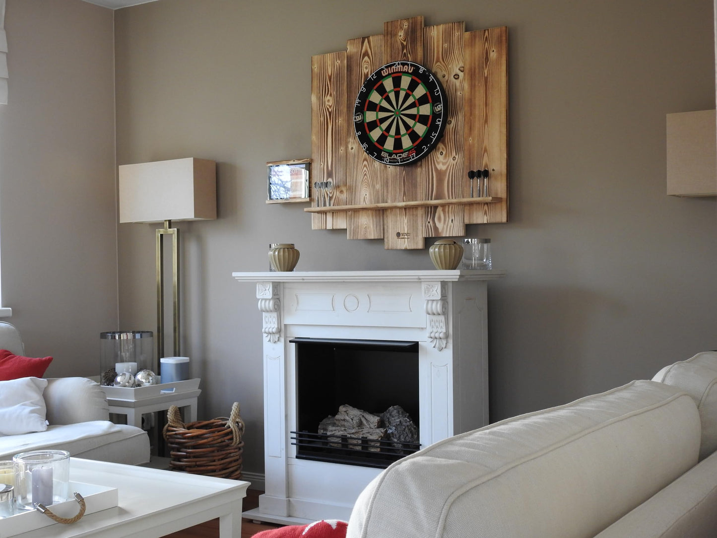 WOODEN Dartboard Surround | Premium dart wall protection & tablet holder | Flamed "Burned Look" or colour design (catch ring, dart surround, backboard)