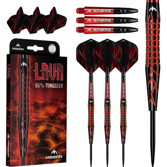 Mission | Lava Darts Set | Black & Red | Electro plate | 95% Tungsten | Steel Tip Darts | Available in Multiple Weights.
