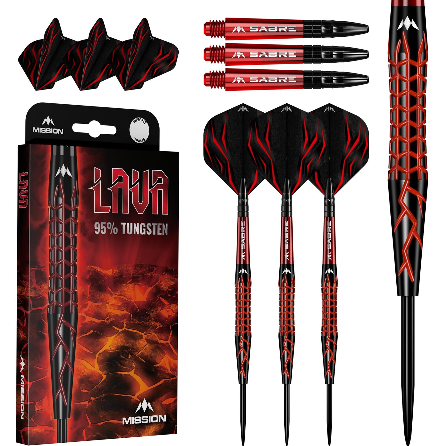 Mission | Lava Darts Set | Black & Red | Electro plate | 95% Tungsten | Steel Tip Darts | Available in Multiple Weights.