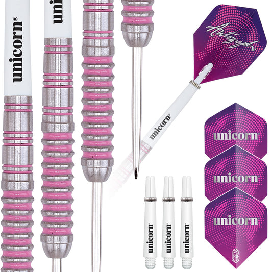 Unicorn Steel Tip Darts Set | Autograph Series Styles 1, 2 & 3 | 80% Natural Tungsten Barrels with Pink Accents | 19 g, 21 g, 22 g, 23 g, 24 g, 25 g, 26 g, 28 g or 30 g