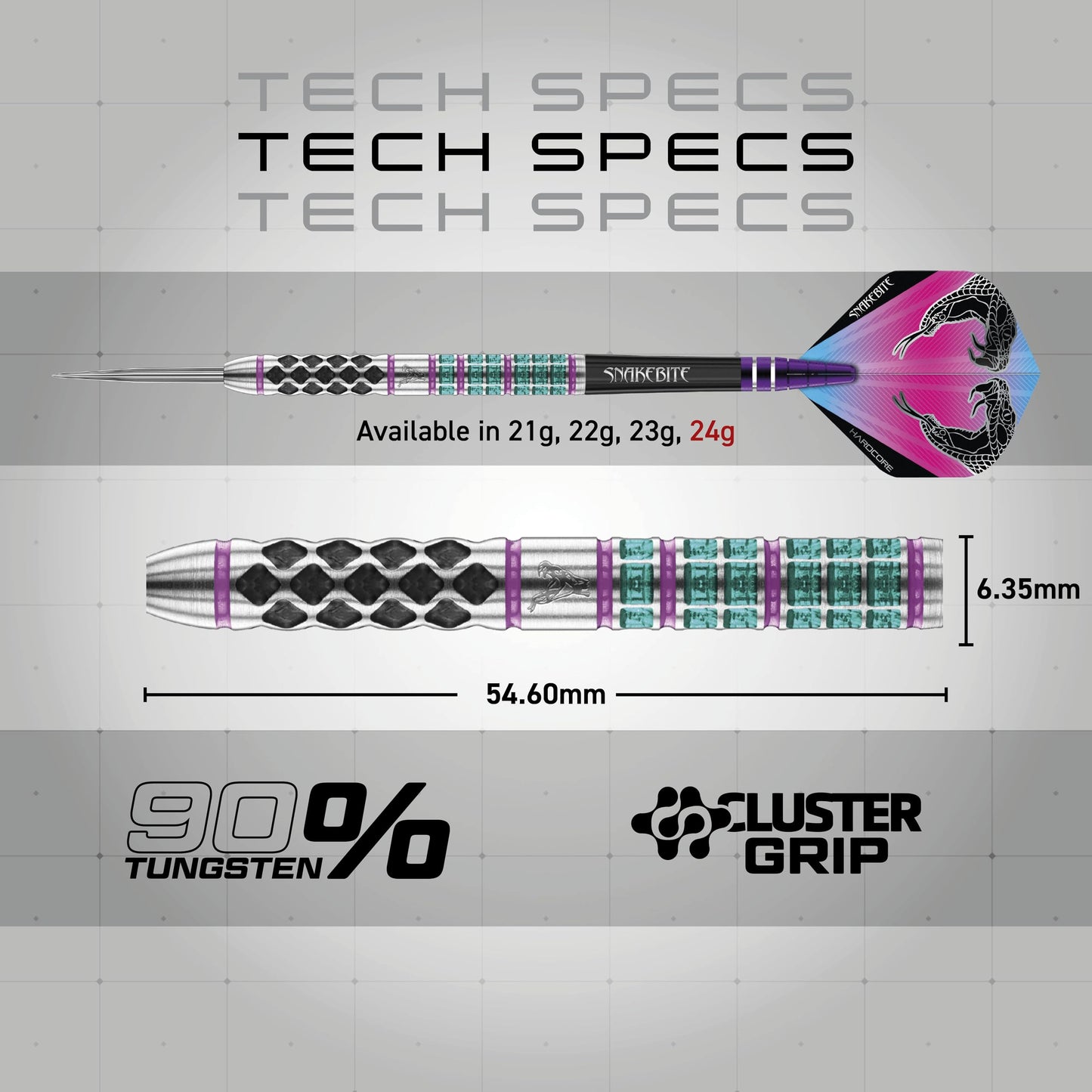 RED DRAGON Peter Wright Snakebite Supa-Venom Premium Tungsten Darts Set with Flights and Stems