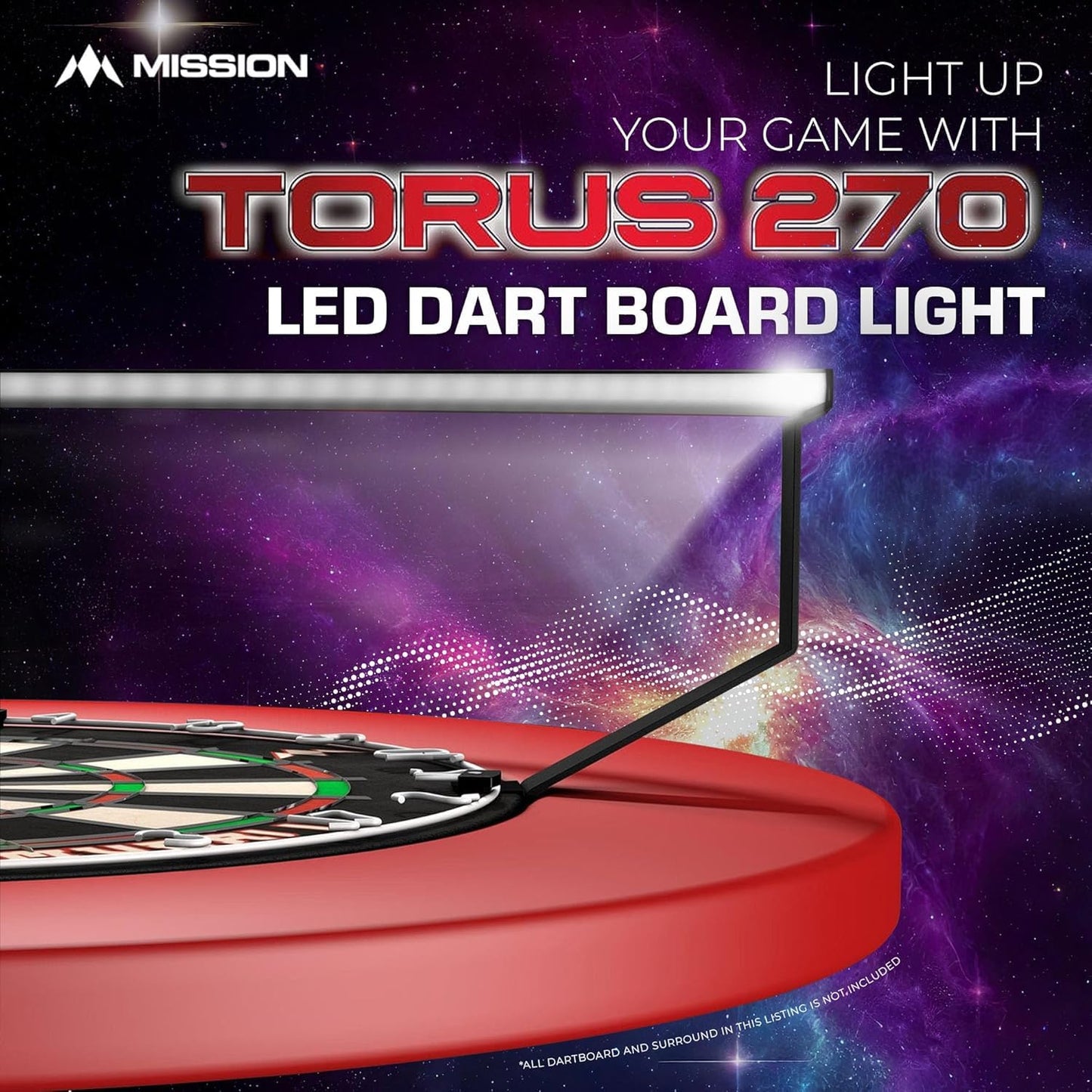Mission Darts Torus 270 | Dart Board LED Lighting System with Easy Access to Dartboard Area for Unrestricted Play, Sand Blasted Black, Red, Blue, Green, Purple, Bronze and Silver Colours