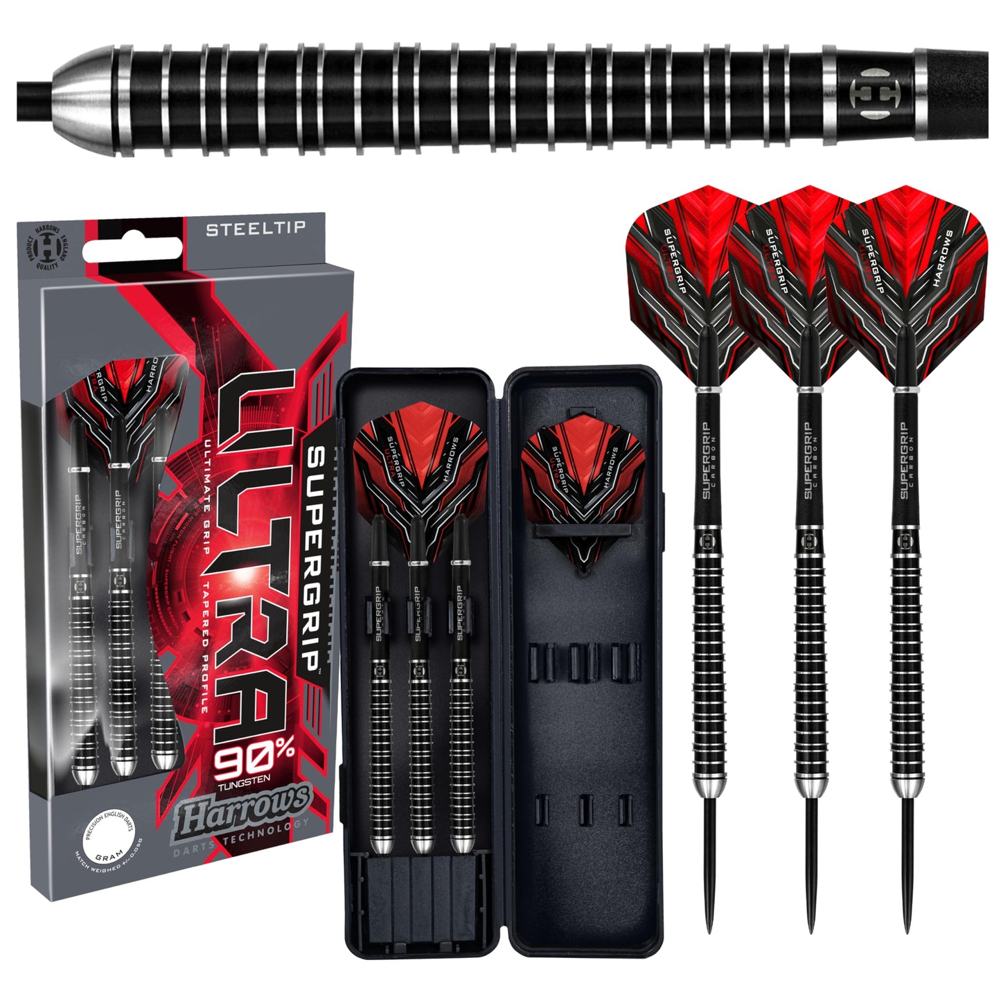 Harrows SUPERGRIP ULTRA 90% Tungsten Steel Tip Darts Set. Available in 21g, 22g, 23g, 24g, 25g, 26g, 28g & 30g - Includes Supergrip Carbon Shafts, Supergrip Flights & Travel Case