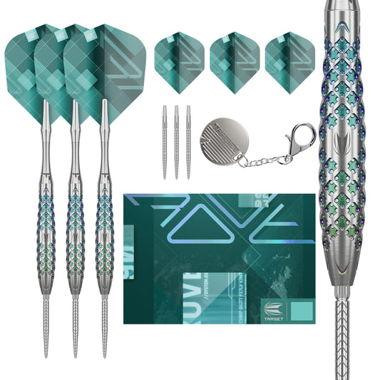 TARGET Darts Rove Steel Tip Swiss Point Darts, 90% Tungsten Dart Set | Steel Tip Dart, Green & Silver Darts, Professional Dart Set with Swiss Points & Tool | Barrel 01/02/03 –22G/23G/24G/25G