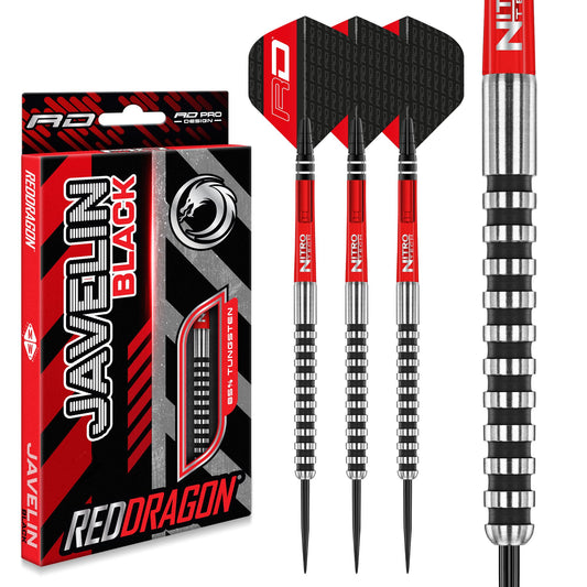 RED DRAGON Javelin Black 20g, 22g, 24g and 26g Tungsten Darts Set with Dart Flights and Dart Shafts (Stems)