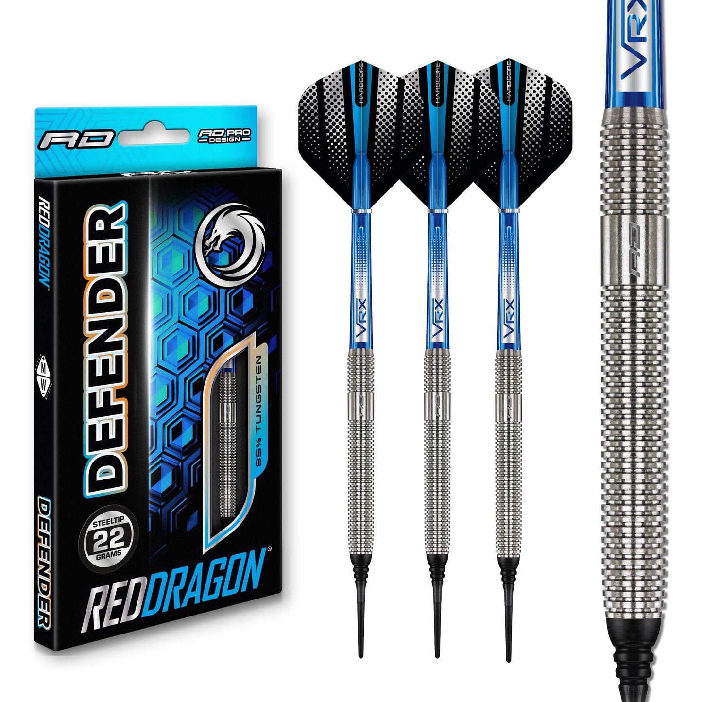 RED DRAGON Darts – Defenders Series - Professional 85% Tungsten Darts Set with Dart Flights and Dart Shafts (Stems) - Available in Triton Soft Tip 19g barrel / 21g Full Weight and Steel Tip 22g & 24g