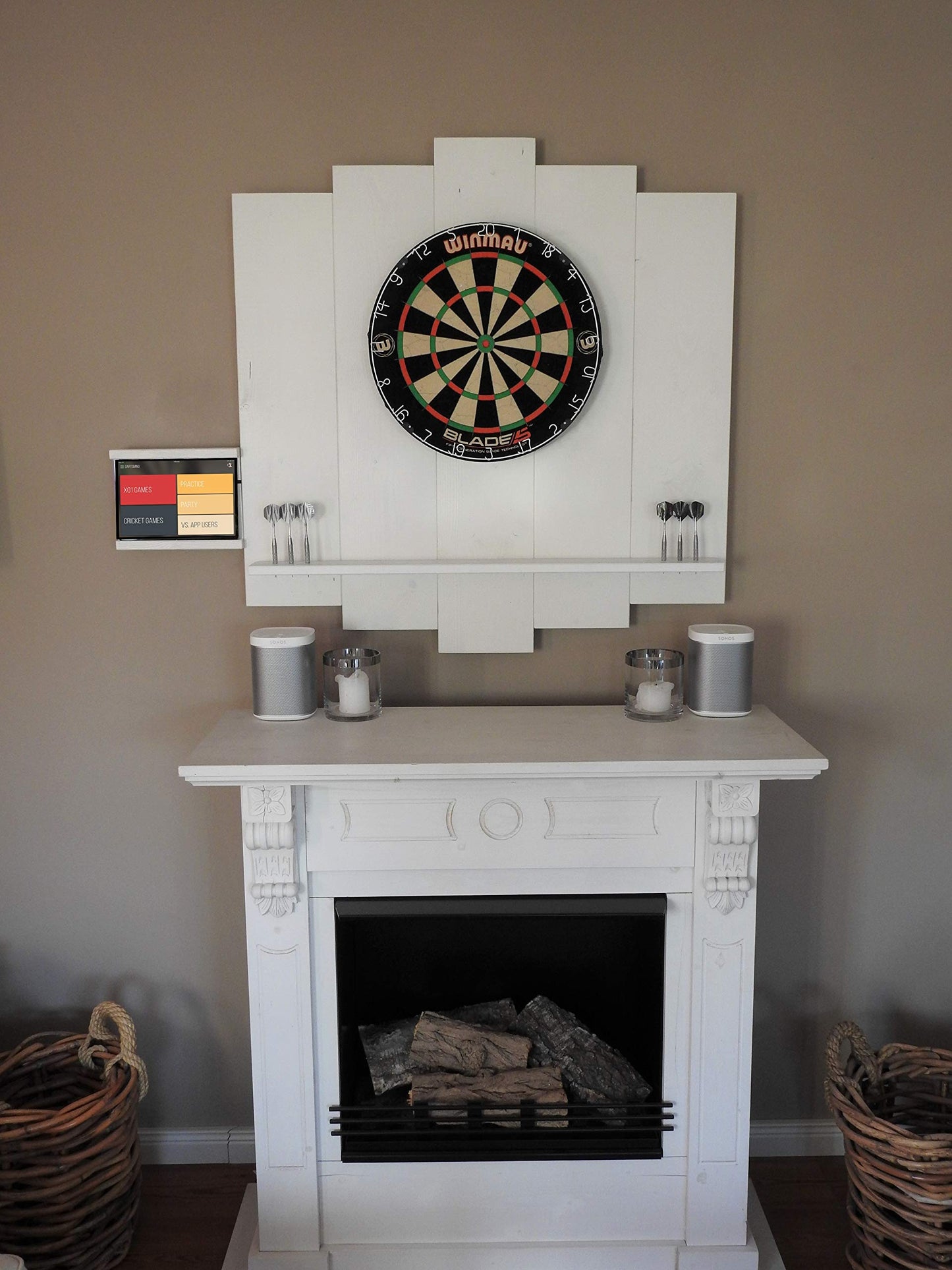 WOODEN Dartboard Surround | Premium dart wall protection & tablet holder | Flamed "Burned Look" or colour design (catch ring, dart surround, backboard)