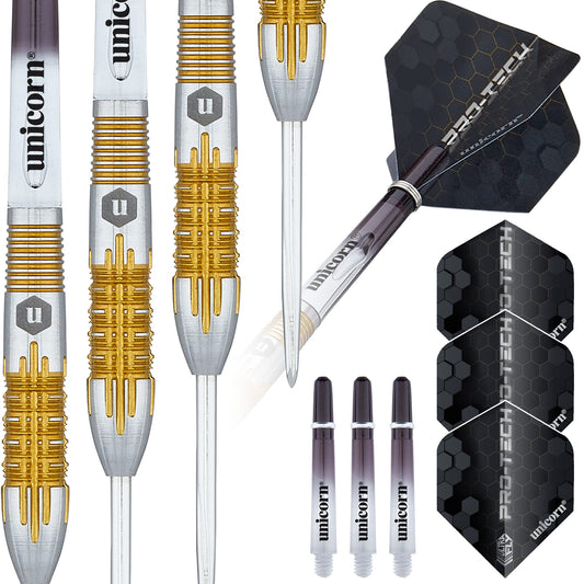 Unicorn Steel Tip Darts Set | Pro-Tech Style 1 | 90% Natural Tungsten Barrels with Golden Accents & Volute Points | 24 g