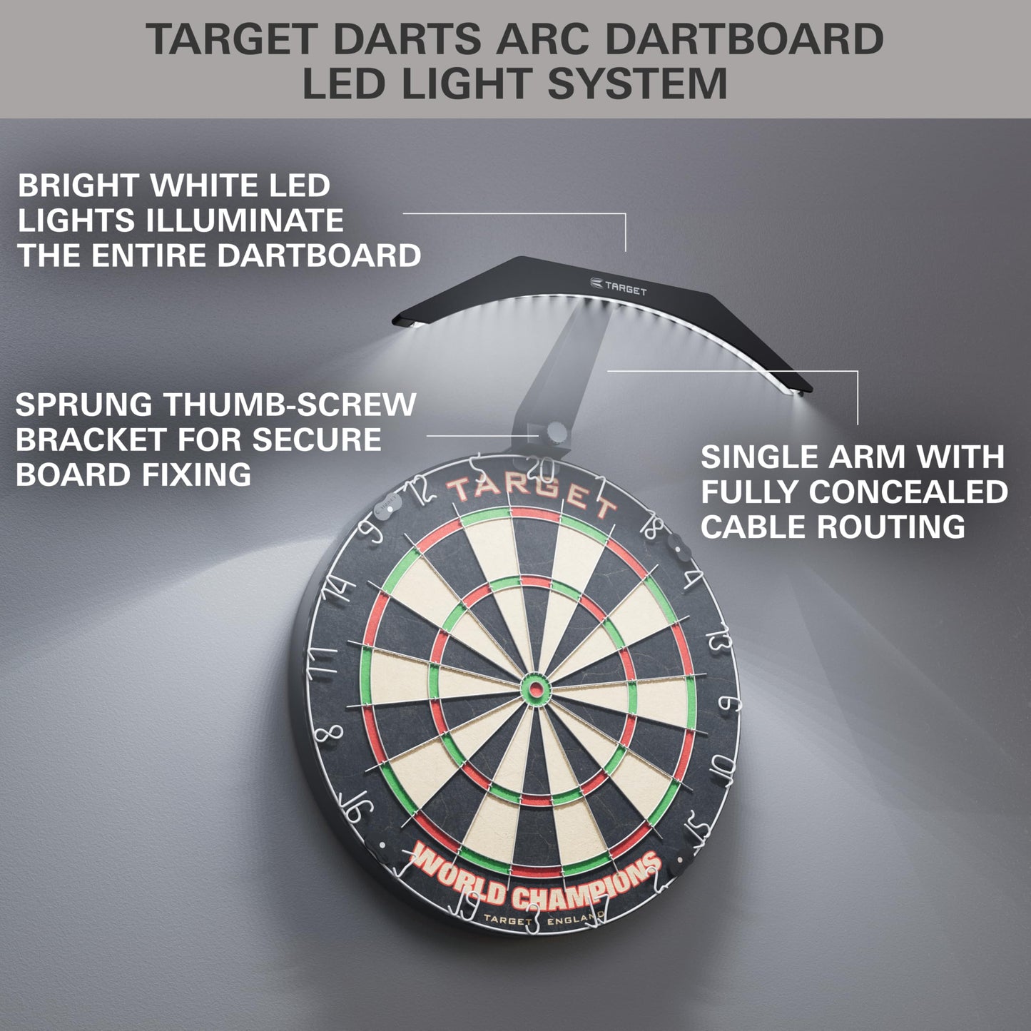Target Darts World Championship Dartboard Set Bundle | Arc Dart Boards Light System, Full Length Darts Oche Mat, Dart Board Surround (Black or Red Option) | 5 Bundle Options