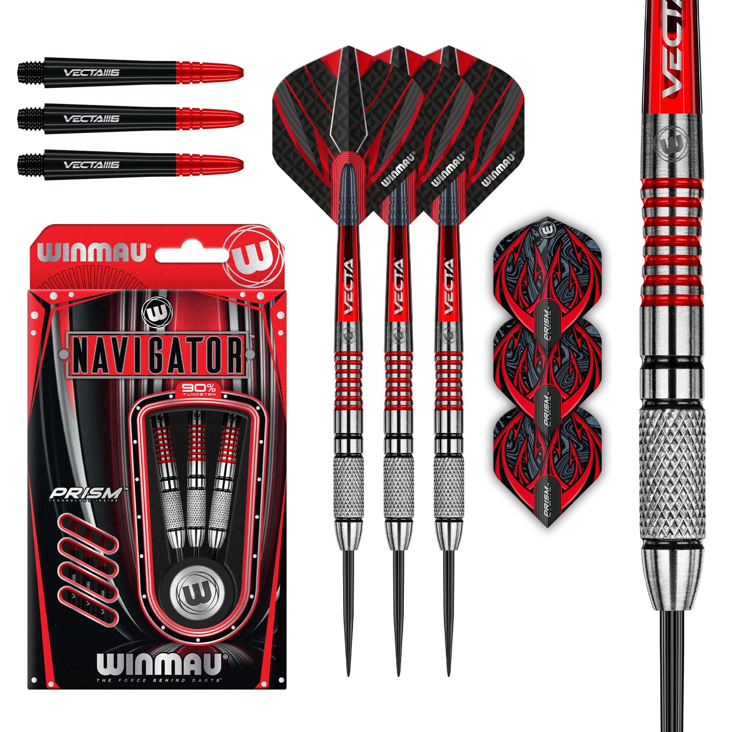 WINMAU Darts Navigator Series 90% Tungsten Steeltip Darts Set with Dart Flights and Dart Shafts (Stems)