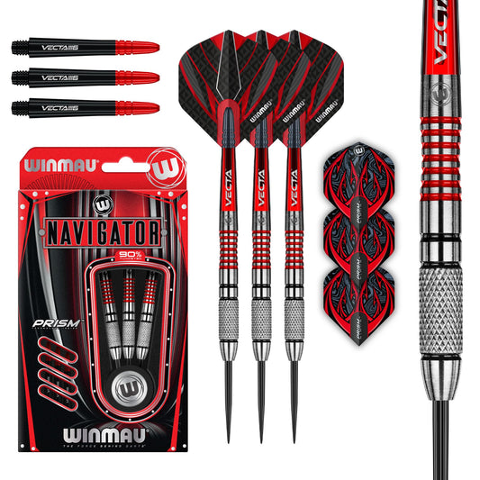 WINMAU Darts Navigator Series 90% Tungsten Steeltip Darts Set with Dart Flights and Dart Shafts (Stems)