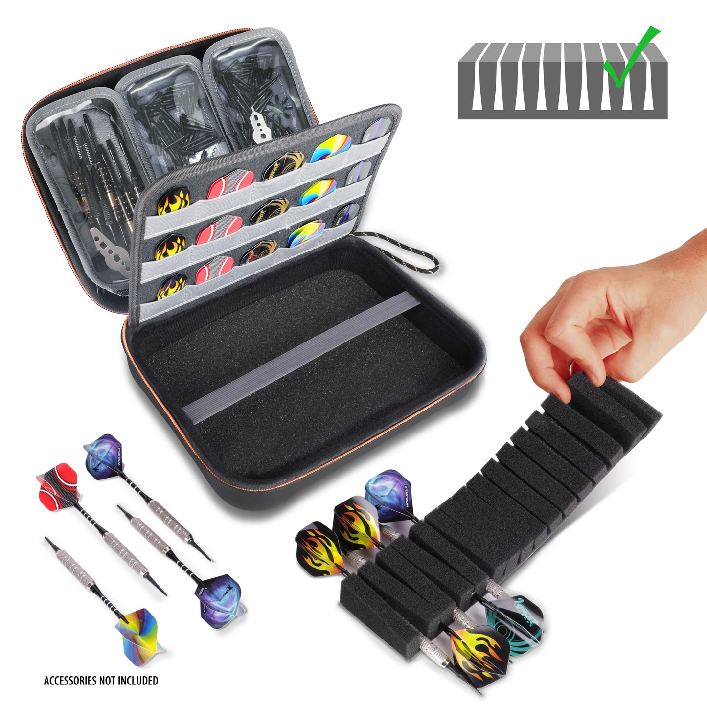 USA Gear XL Semi Hard Shell Dart Case - Storage Protective Case for 15 Piece Dart Set, Tips, Flights and Shafts, and More Accessories - Locking Foam Design for Soft and Steel Tips - Black