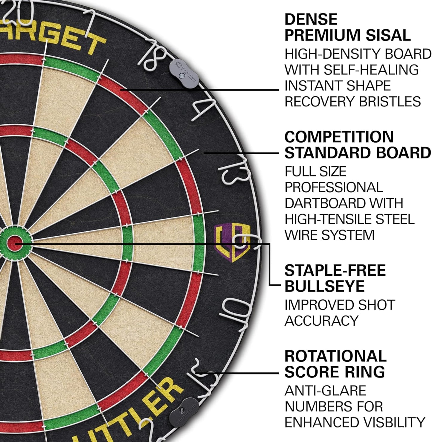 Target Darts Player Dartboard and Cabinet Set | Luke Littler/Dimitri Van den Bergh/Gabriel Clemens | Dart Board Cupboard with 2 Sets of Steel Tip Darts, Score Charts, Competition Standard Throw Line