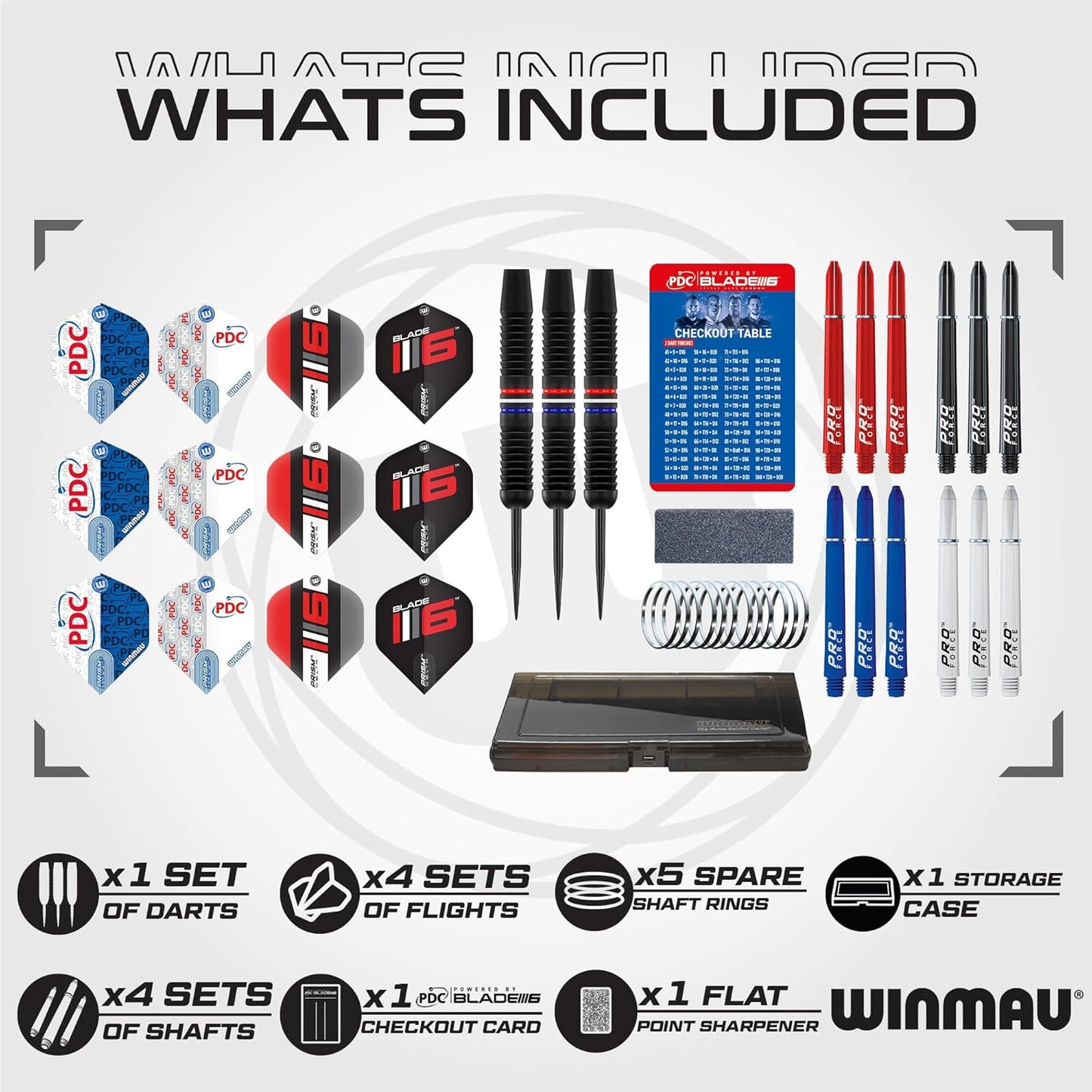 WINMAU Darts – PDC Ultimate Set – 22g Steel Tip Professional Brass Darts Set and Accessories – Includes Dart Flights, Shafts, Point Sharpener & Black Transparent Plastic Tournament Case