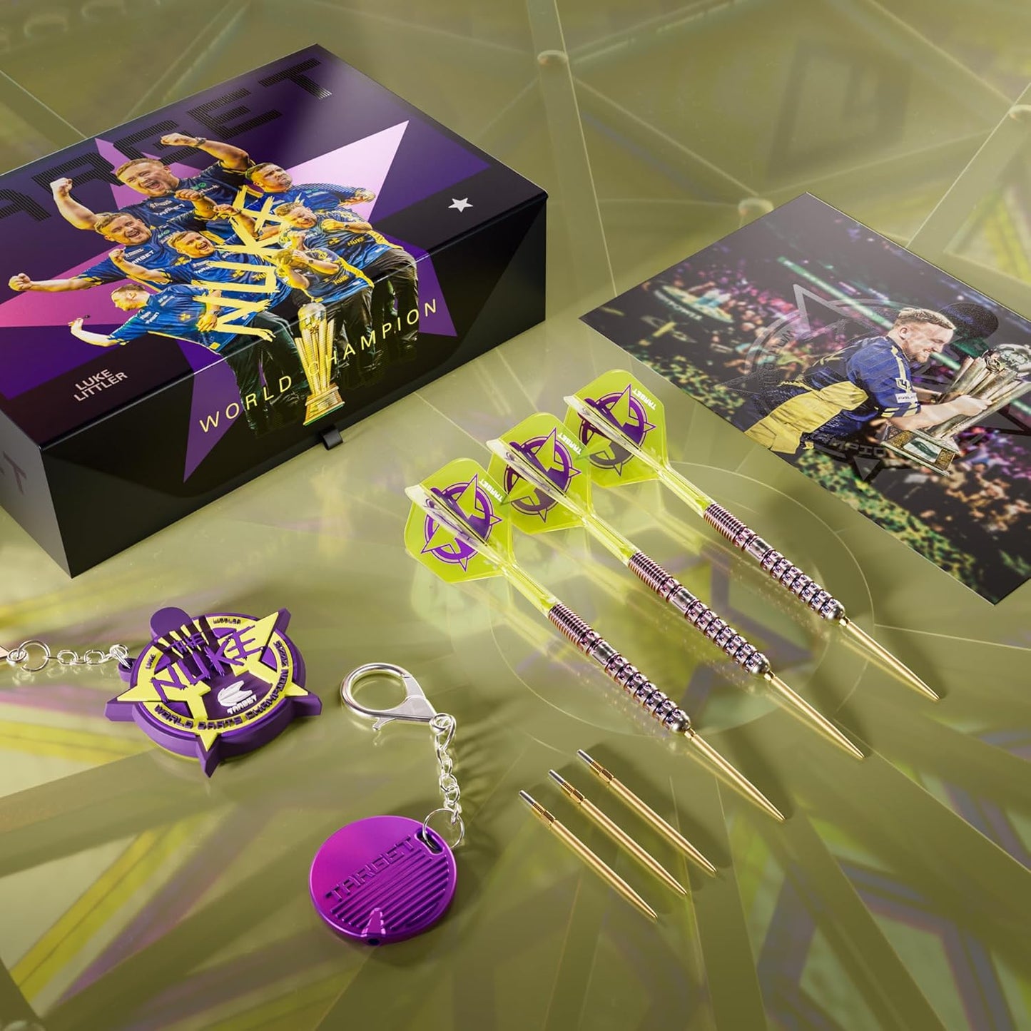 TARGET Darts Luke Littler World Champion Steel Tip Swiss Point Darts, 90% Tungsten Dart Set, 23G | The Nuke 2025 Special Edition K-Flex, Key Ring, Spare SLK Swiss Points and Premium Tool Included