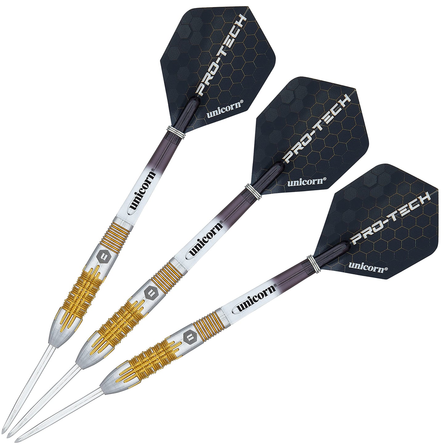 Unicorn Steel Tip Darts Set | Pro-Tech Style 1 | 90% Natural Tungsten Barrels with Golden Accents & Volute Points | 24 g