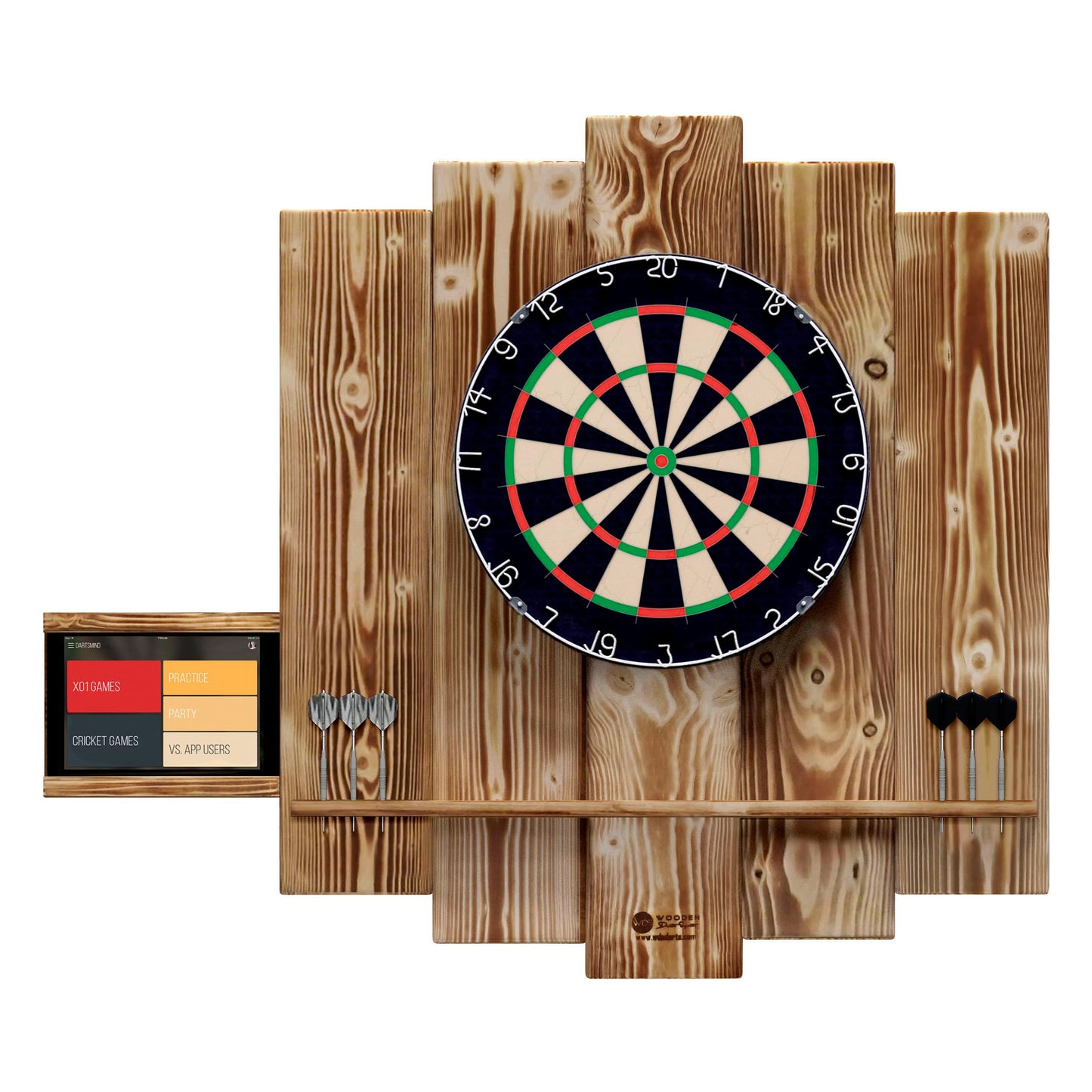 WOODEN Dartboard Surround | Premium dart wall protection & tablet holder | Flamed "Burned Look" or colour design (catch ring, dart surround, backboard)