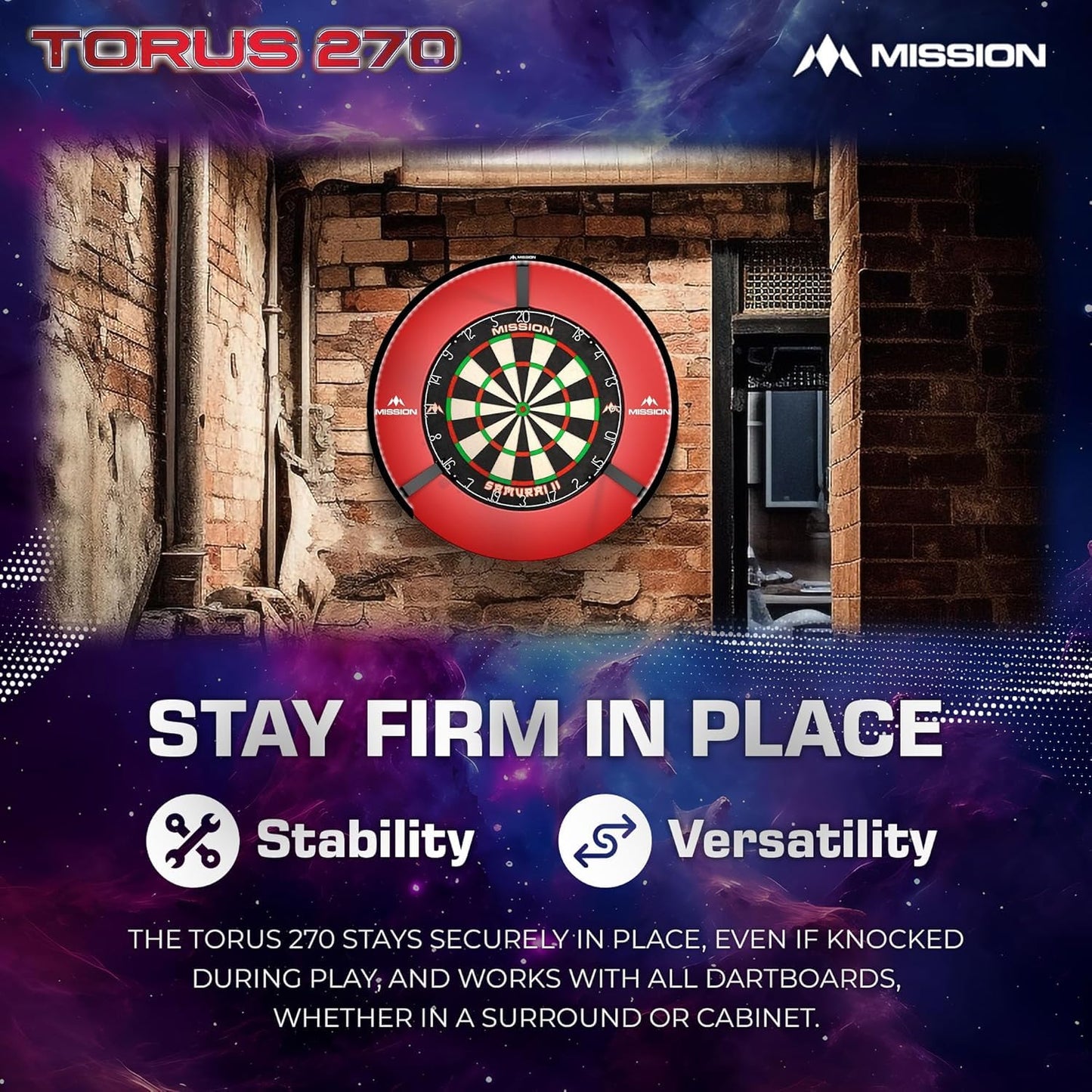 Mission Darts Torus 270 | Dart Board LED Lighting System with Easy Access to Dartboard Area for Unrestricted Play, Sand Blasted Black, Red, Blue, Green, Purple, Bronze and Silver Colours