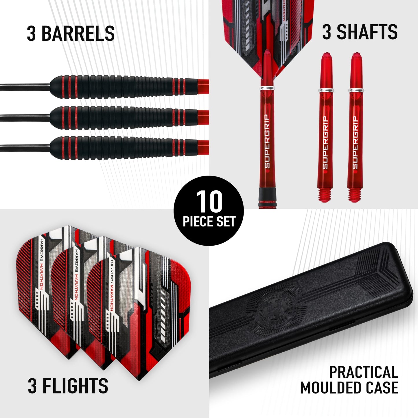 Harrows Ace Rubber Brass Steel Tip Darts Set 20g, 22g, 24g & 26g - Includes Supergrip Shafts, Micron Marathon Flights & Travel Case - 10pc Set
