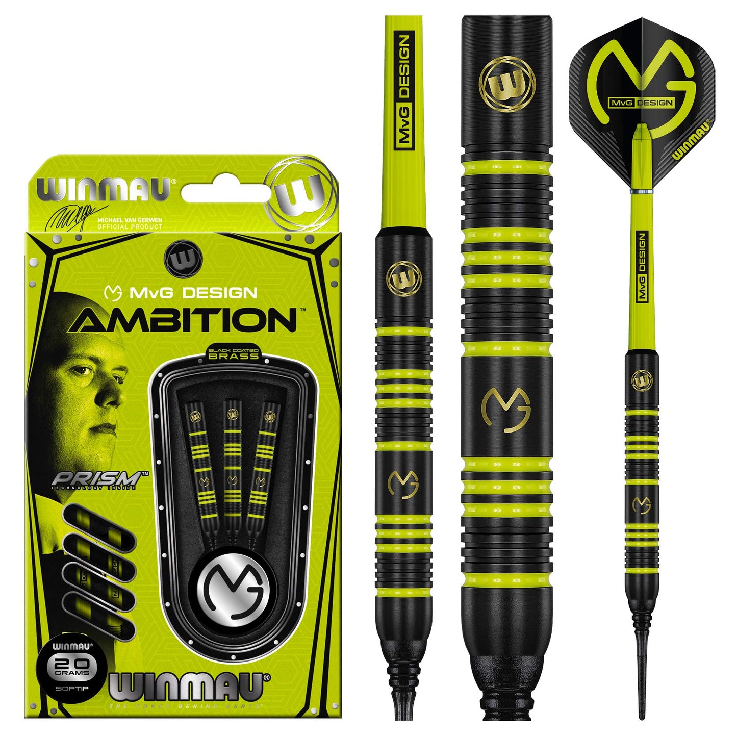 WINMAU Michael Van Gerwen MvG Ambition Professional Brass Darts Set with Flights and Shafts Available in Steeltip and Softip