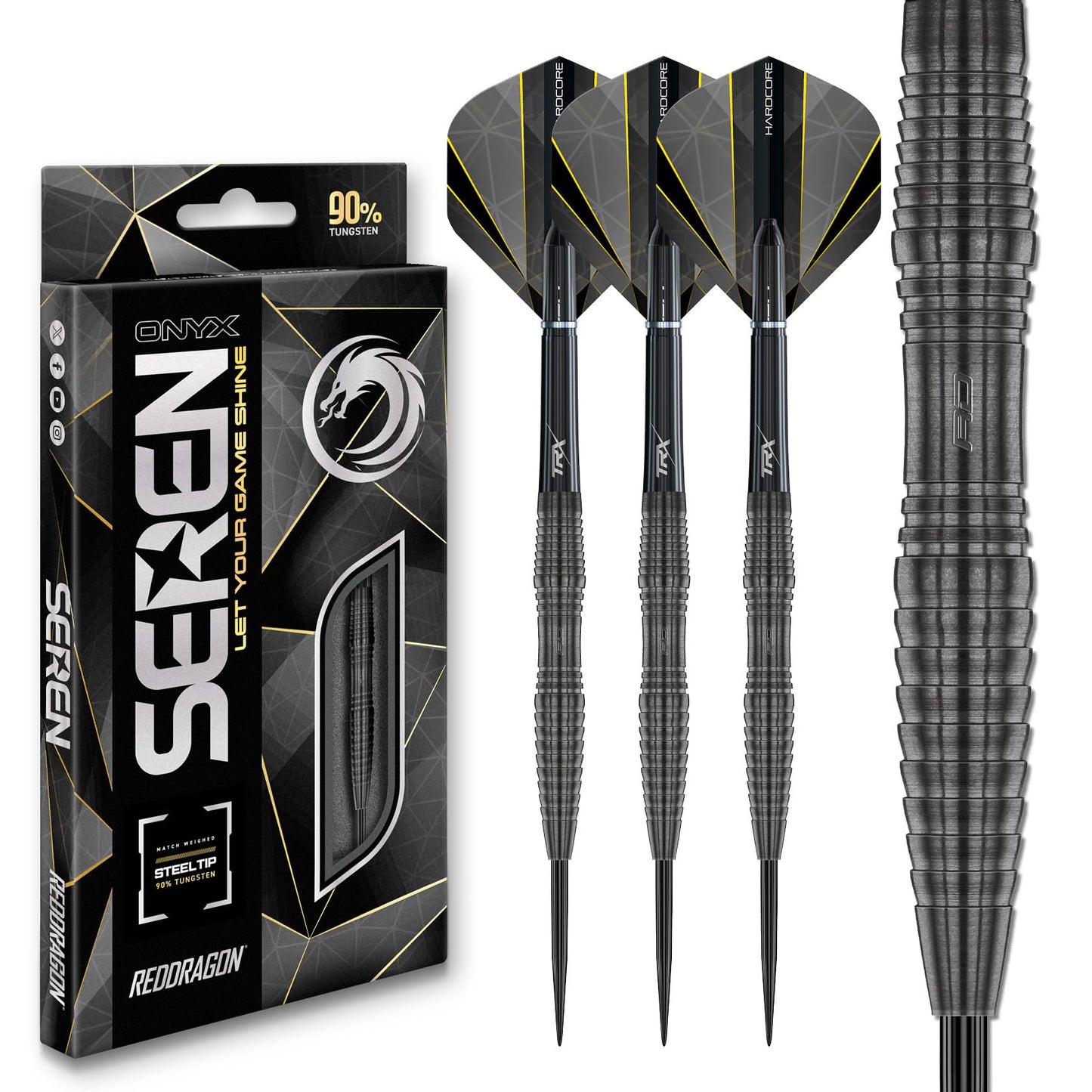 RED DRAGON Darts – Seren Onyx Series - 90% Tungsten Professional Steel tip Darts Set with Dart Flights and Dart Shafts (Stems) - Available in Four Styles - Available in 21g, 22g, 23g, 24g & 25g