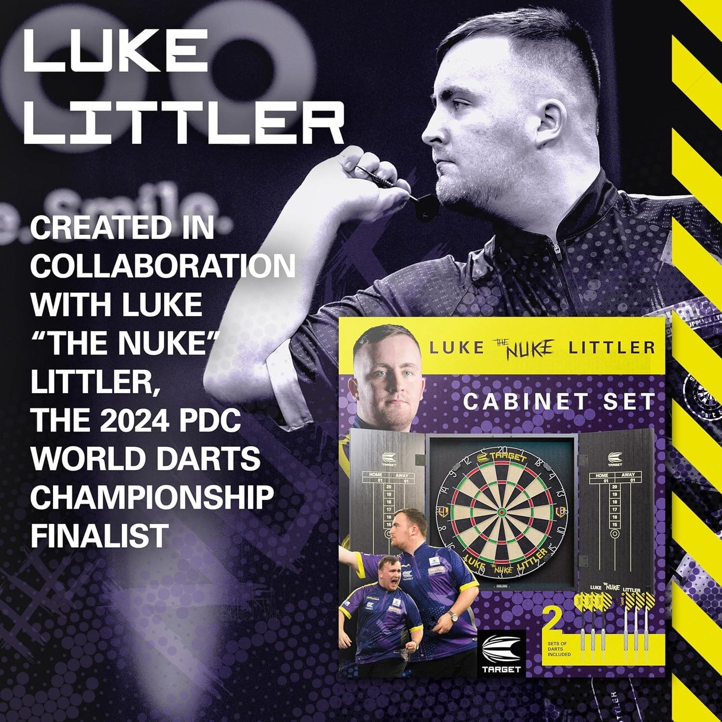 Target Darts Player Dartboard and Cabinet Set | Luke Littler/Dimitri Van den Bergh/Gabriel Clemens | Dart Board Cupboard with 2 Sets of Steel Tip Darts, Score Charts, Competition Standard Throw Line