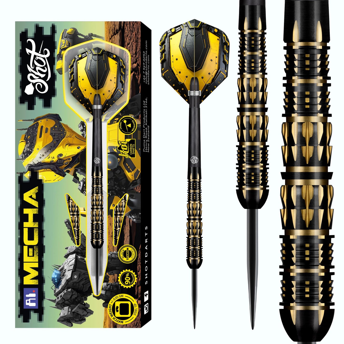 Shot! Darts AI Mecha 90% Tungsten Pro Throwing Darts Steel Tip Set, Professional – Made in New Zealand – Designed Dart Flights for Women & Men – Metal Tip Bar Darts for Adults