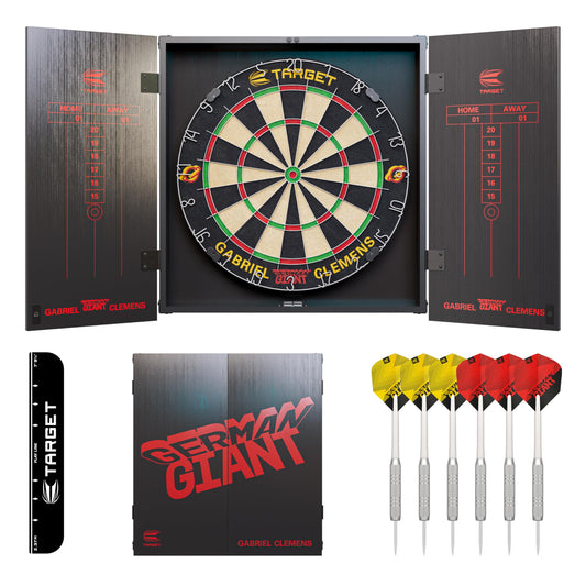 Target Darts Player Dartboard and Cabinet Set | Luke Littler/Dimitri Van den Bergh/Gabriel Clemens | Dart Board Cupboard with 2 Sets of Steel Tip Darts, Score Charts, Competition Standard Throw Line