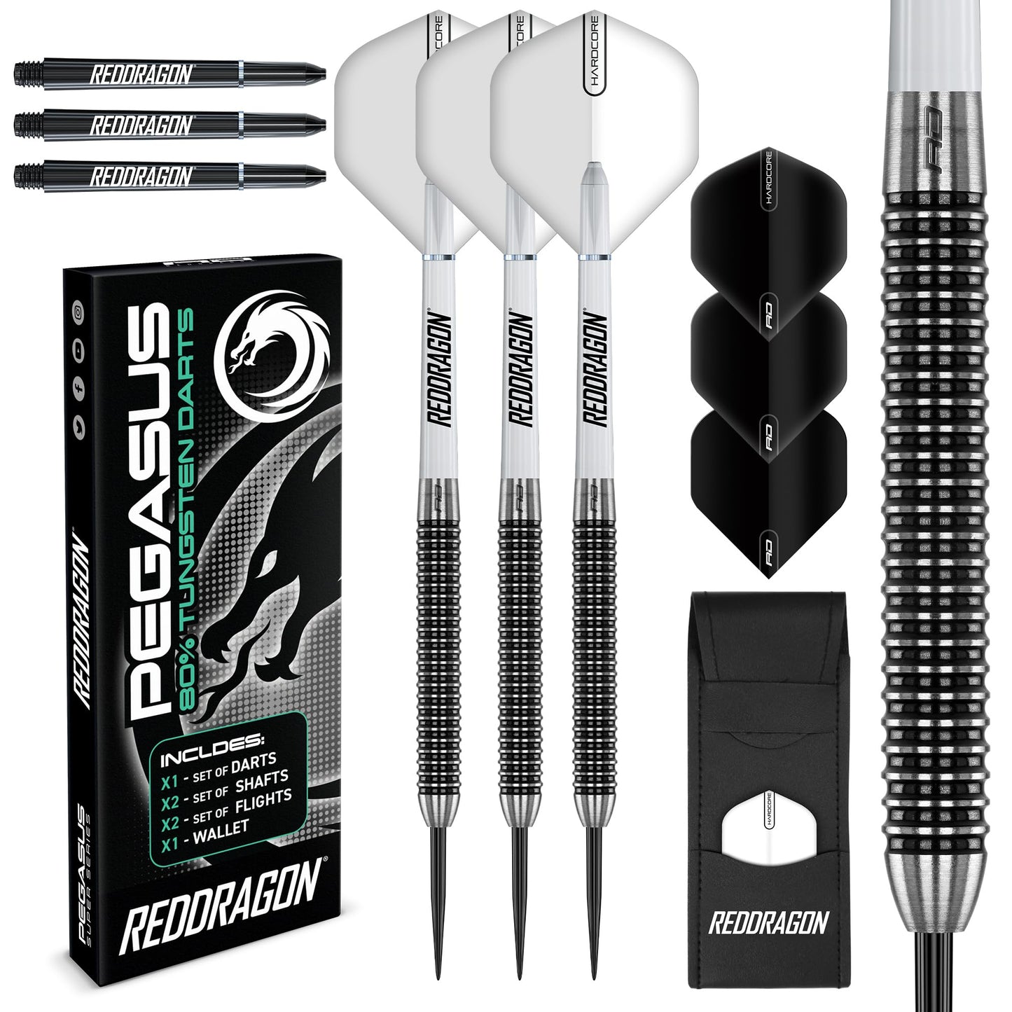 RED DRAGON Pegasus Professional Tungsten Steeltip Darts Set Available in 21, 23, 24, 25, 26, 28, 30 Gram with Flights, Stems (Shafts) and Wallet