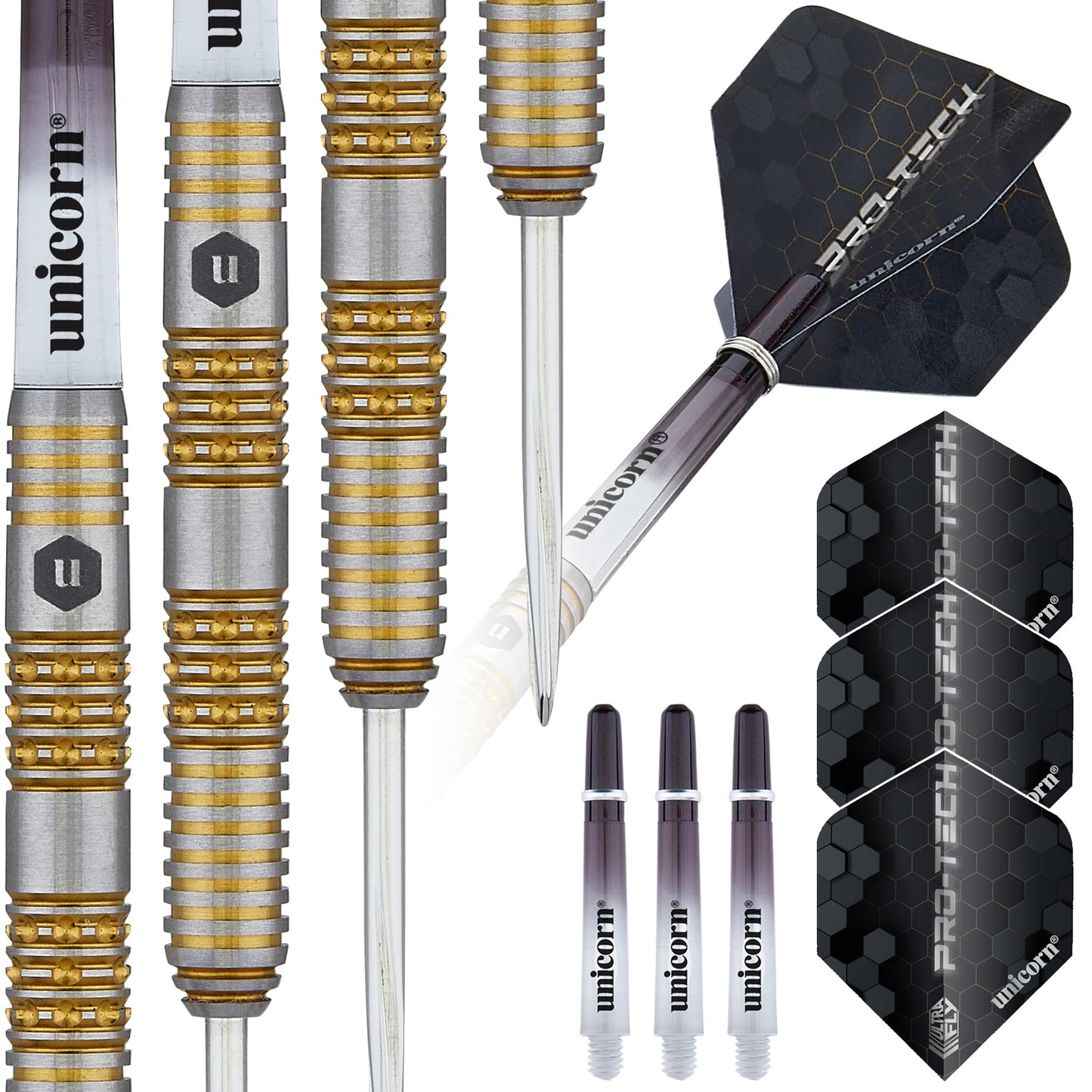 Unicorn Steel Tip Darts Set | Pro-Tech Style 1 | 90% Natural Tungsten Barrels with Golden Accents & Volute Points | 24 g
