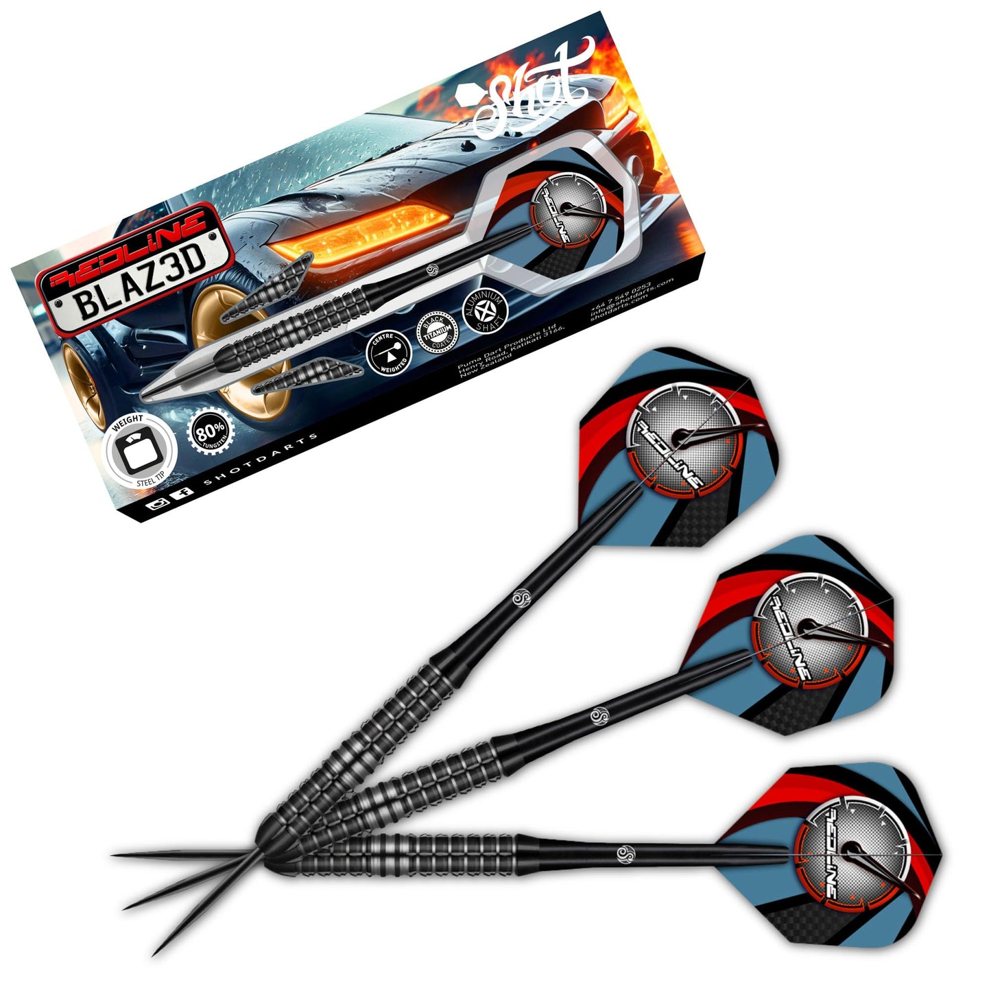 Shot! Darts Redline BLAZ3D Steel Tip Dart Set Front Weighted 80% Tungsten Barrels