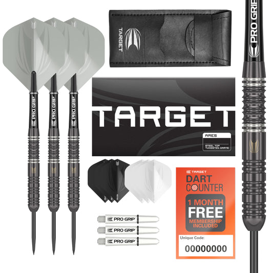 TARGET Darts Ares 22G/23G/24G Tungsten Steel Tip Darts Set | 6 Pro Grip Shafts | 9 Pro Ultra Flights | Dart Wallet Bundle