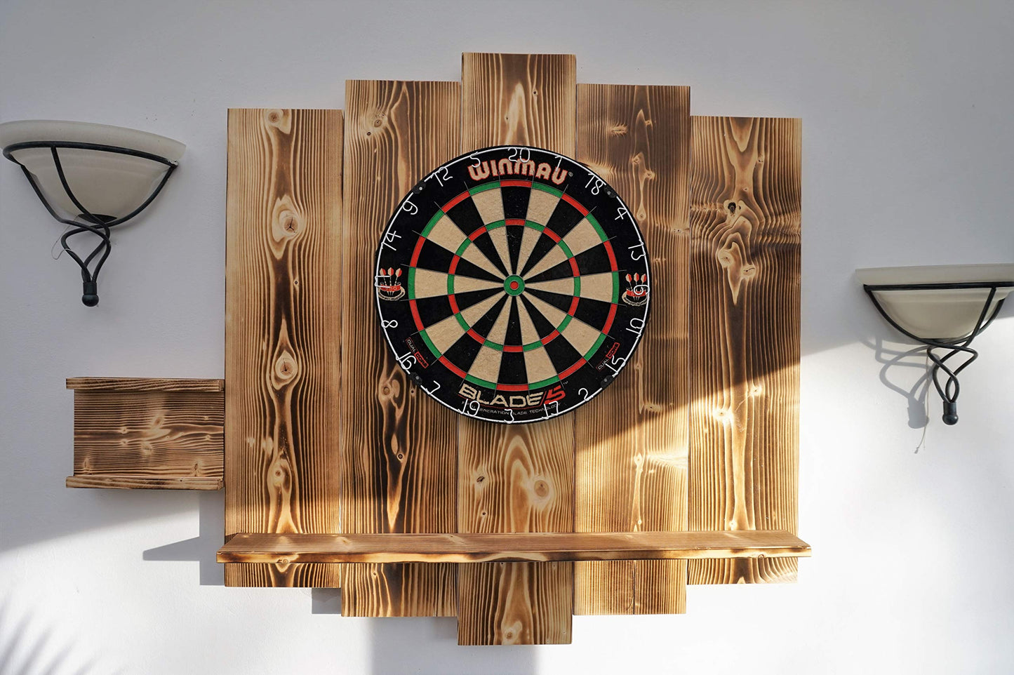 WOODEN Dartboard Surround | Premium dart wall protection & tablet holder | Flamed "Burned Look" or colour design (catch ring, dart surround, backboard)