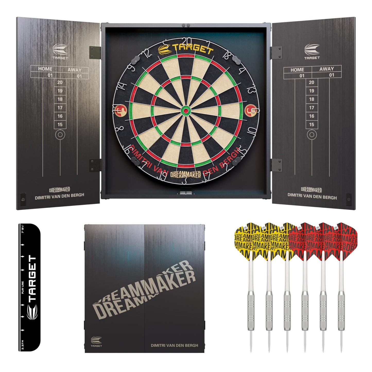 Target Darts Player Dartboard and Cabinet Set | Luke Littler/Dimitri Van den Bergh/Gabriel Clemens | Dart Board Cupboard with 2 Sets of Steel Tip Darts, Score Charts, Competition Standard Throw Line