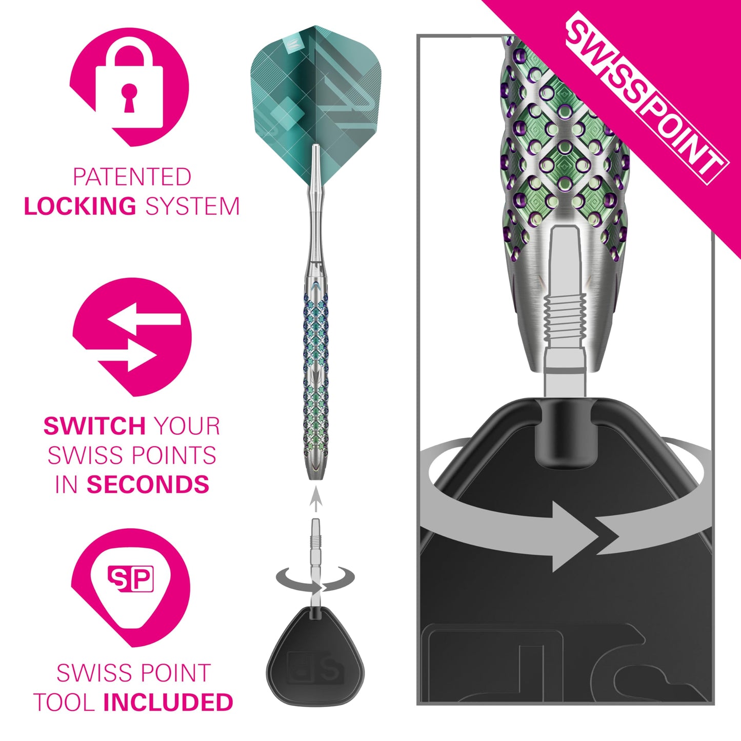 TARGET Darts Rove Steel Tip Swiss Point Darts, 90% Tungsten Dart Set | Steel Tip Dart, Green & Silver Darts, Professional Dart Set with Swiss Points & Tool | Barrel 01/02/03 –22G/23G/24G/25G
