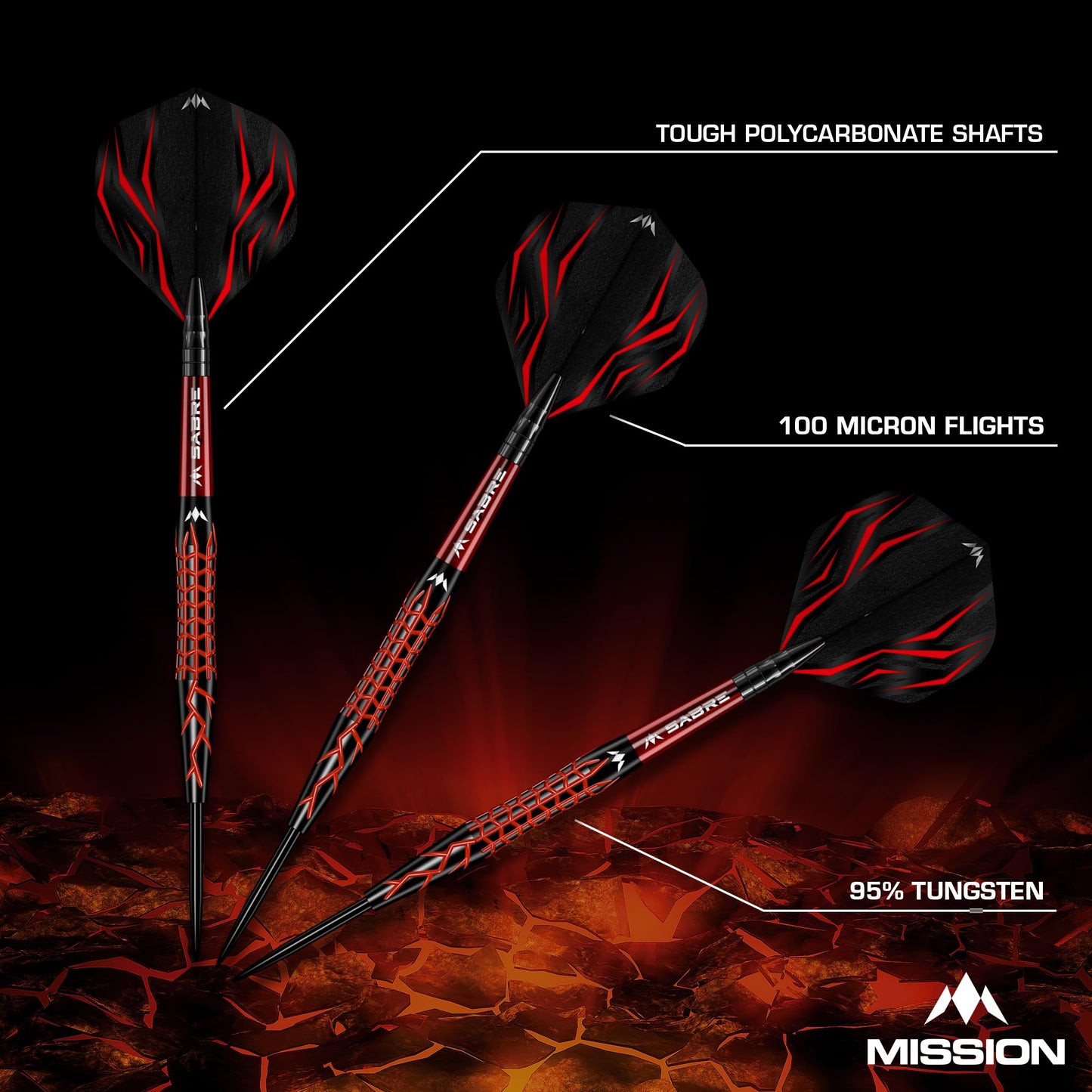 Mission | Lava Darts Set | Black & Red | Electro plate | 95% Tungsten | Steel Tip Darts | Available in Multiple Weights.
