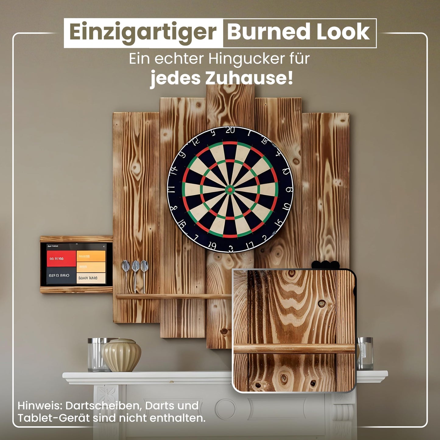 WOODEN Dartboard Surround | Premium dart wall protection & tablet holder | Flamed "Burned Look" or colour design (catch ring, dart surround, backboard)
